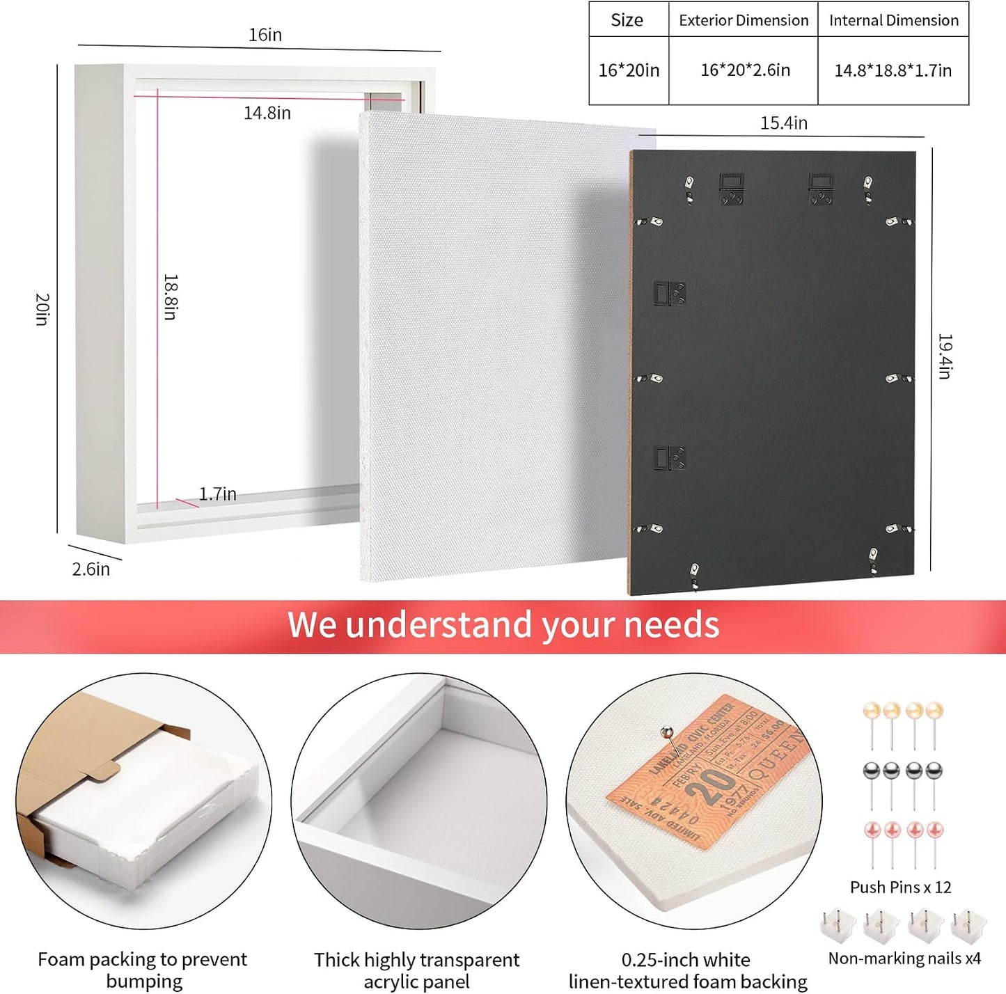 16x20 Large Shadow Box Frame with Thickened Acrylic Panel & Pins | With Linen Back, Upgraded 1.7" Deep White Shadow Box