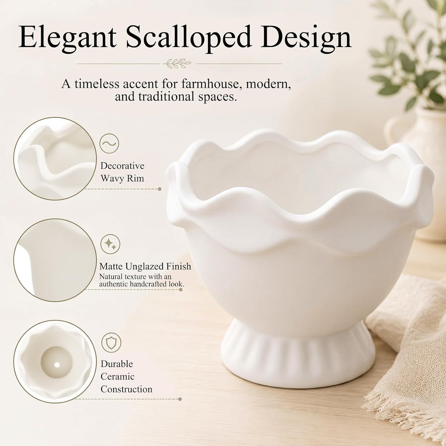 Ceramic Plant Pots Small Rustic Decorative Planter Home Decor Scalloped / 6.3in / Novel / White