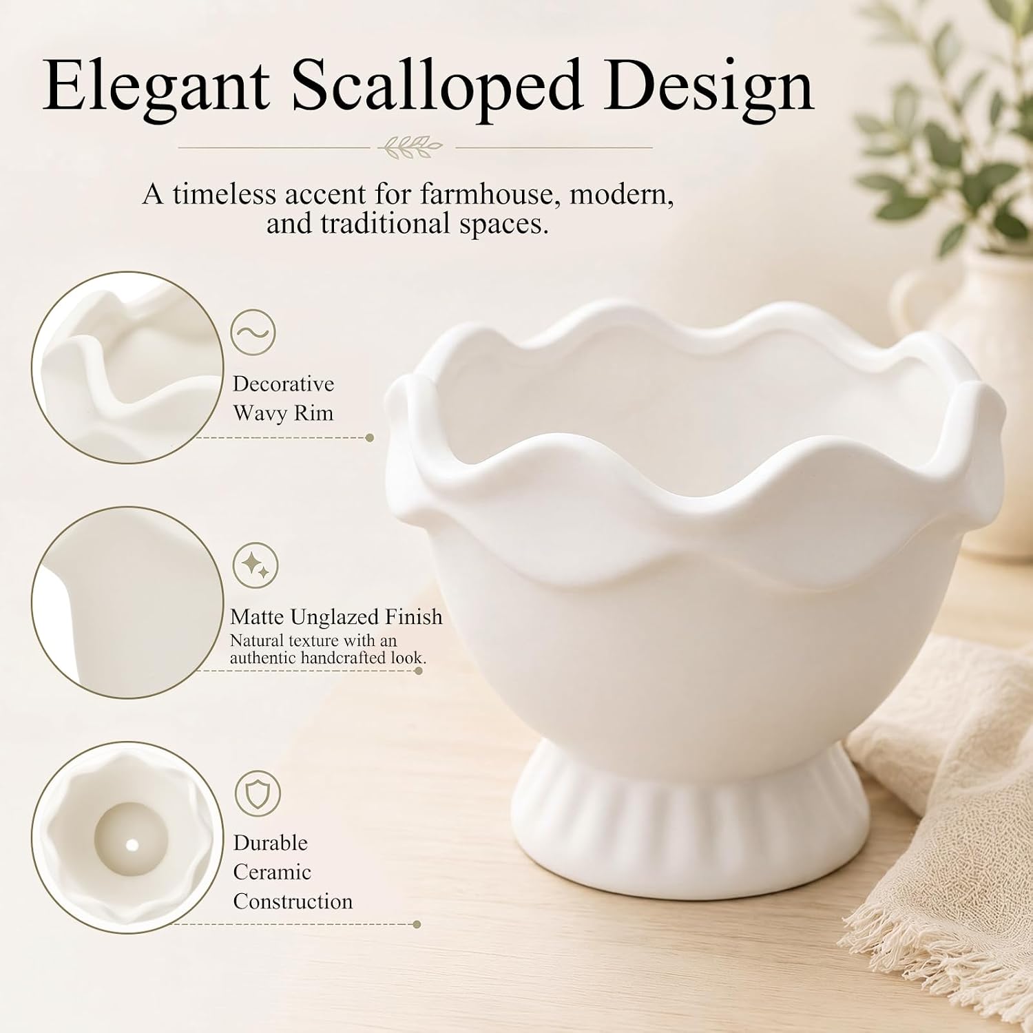 Ceramic Plant Pots Small Rustic Decorative Planter Home Decor Scalloped / 6.3in / Novel / White