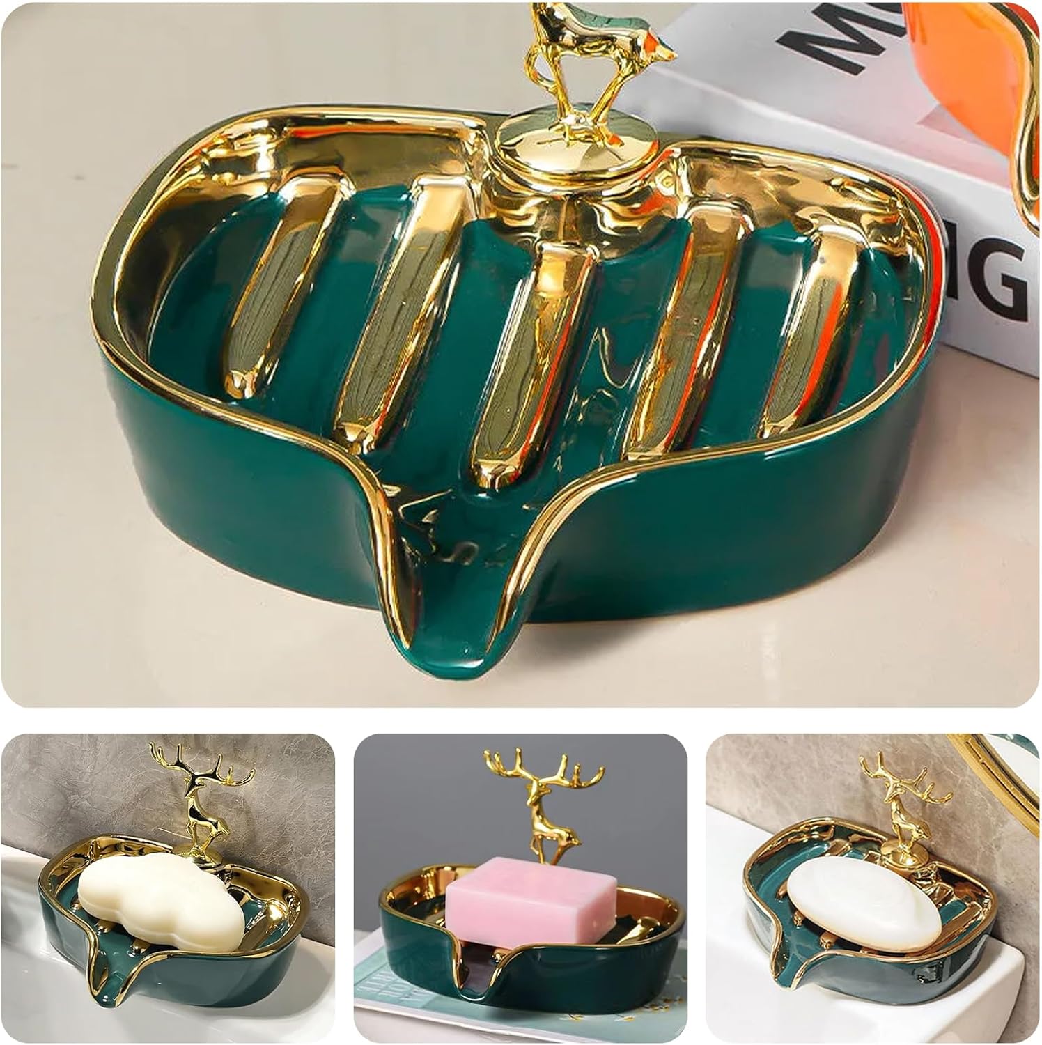 Ceramic Soap Dish Self Draining Soap Holder Tray Easy Cleaning Soap Saver / Green Painted In Gold