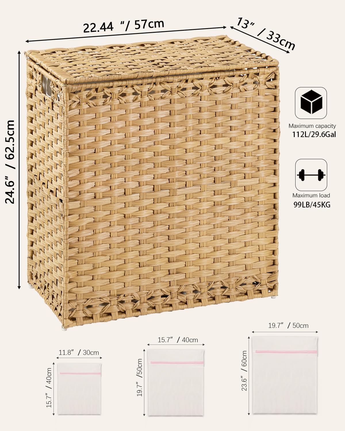 Lid Wicker Laundry Basket 112 L Laundry Hampers Handwoven Rattan Clothes Hamper / Natural / 29.6 Gal