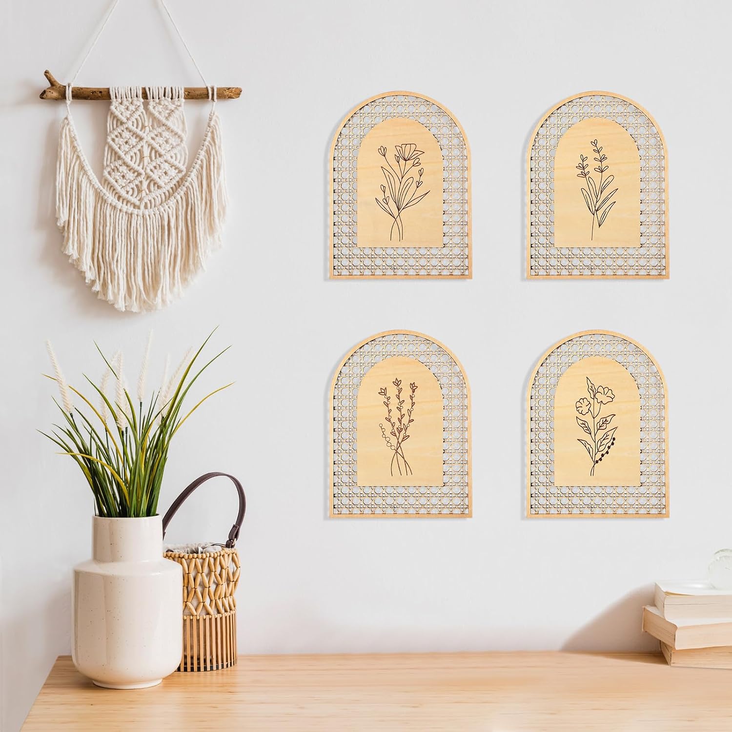 Rattan Wooden Boho Wall Decor Floral Room Wall Art Aesthetic Nursery Farmhouse / Natural / Set of 4