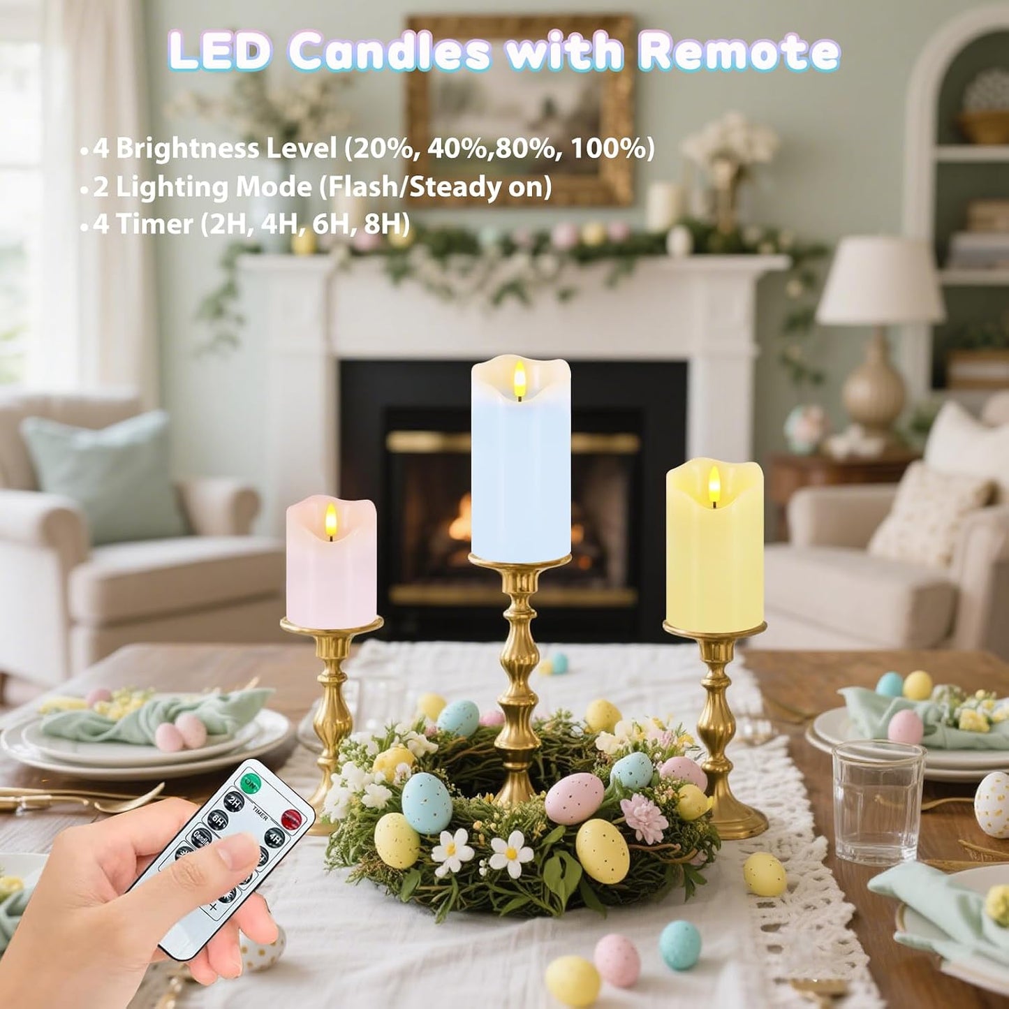 Easter Flameless Candles Set of 3, Pastel Spring Candle with Remote & Timer | Flickering Real Wax Pillar Candles