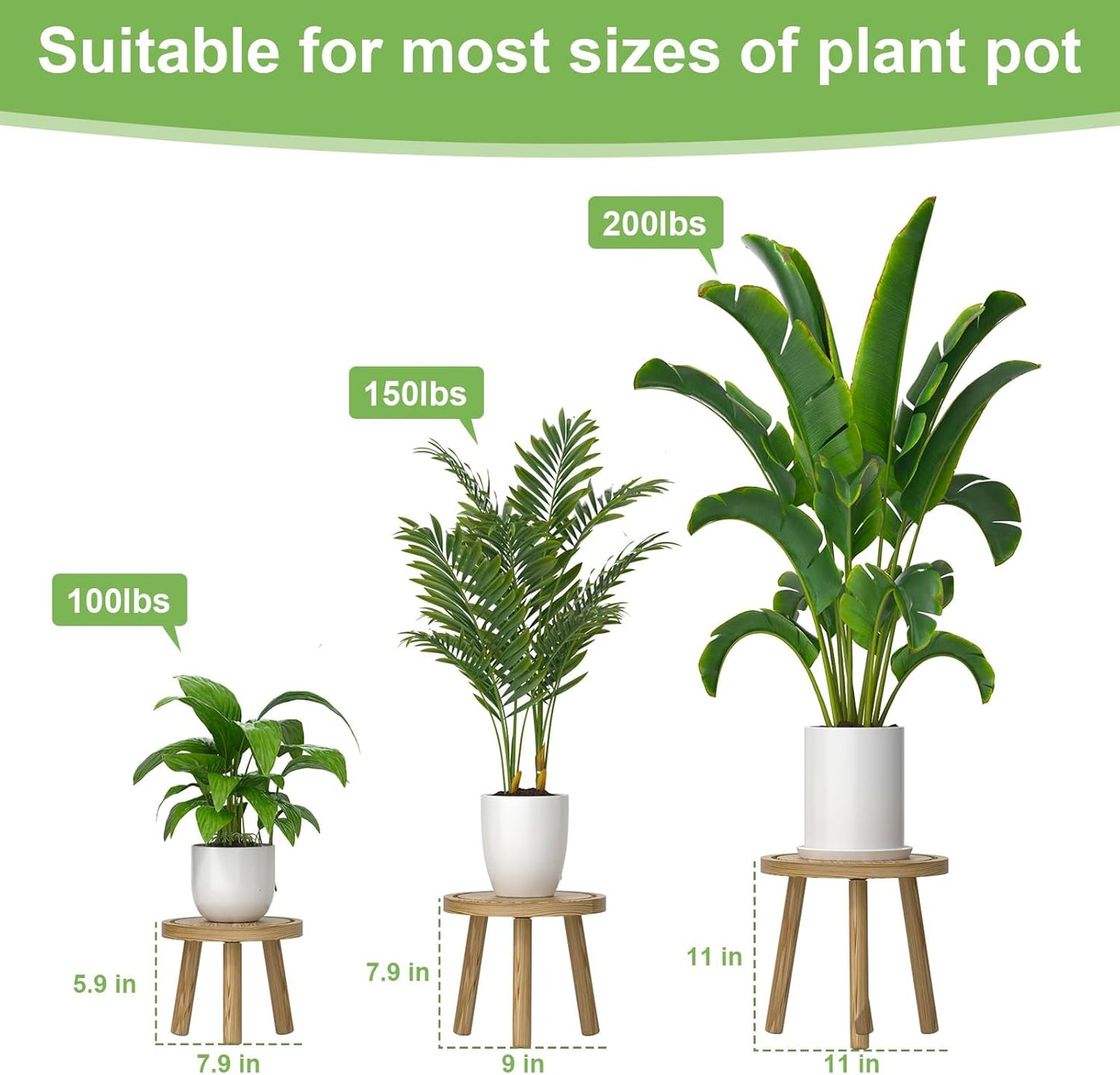 3-Pack Wood Plant Stands Indoor, Single Plant Stand for 6-12 Inch Pots, Mid-Century Modern Plant Stool, Tall Plant