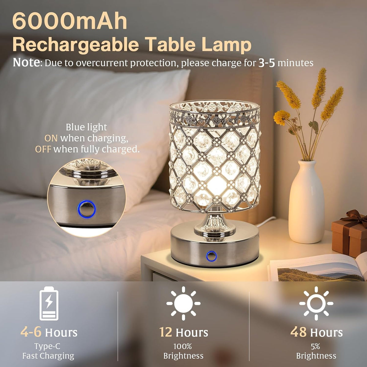 Silver Small Crystal Rechargeable Cordless Table Lamps Set of 2 | 6000mAh Battery, 3 Color Temps, Stepless Dimming