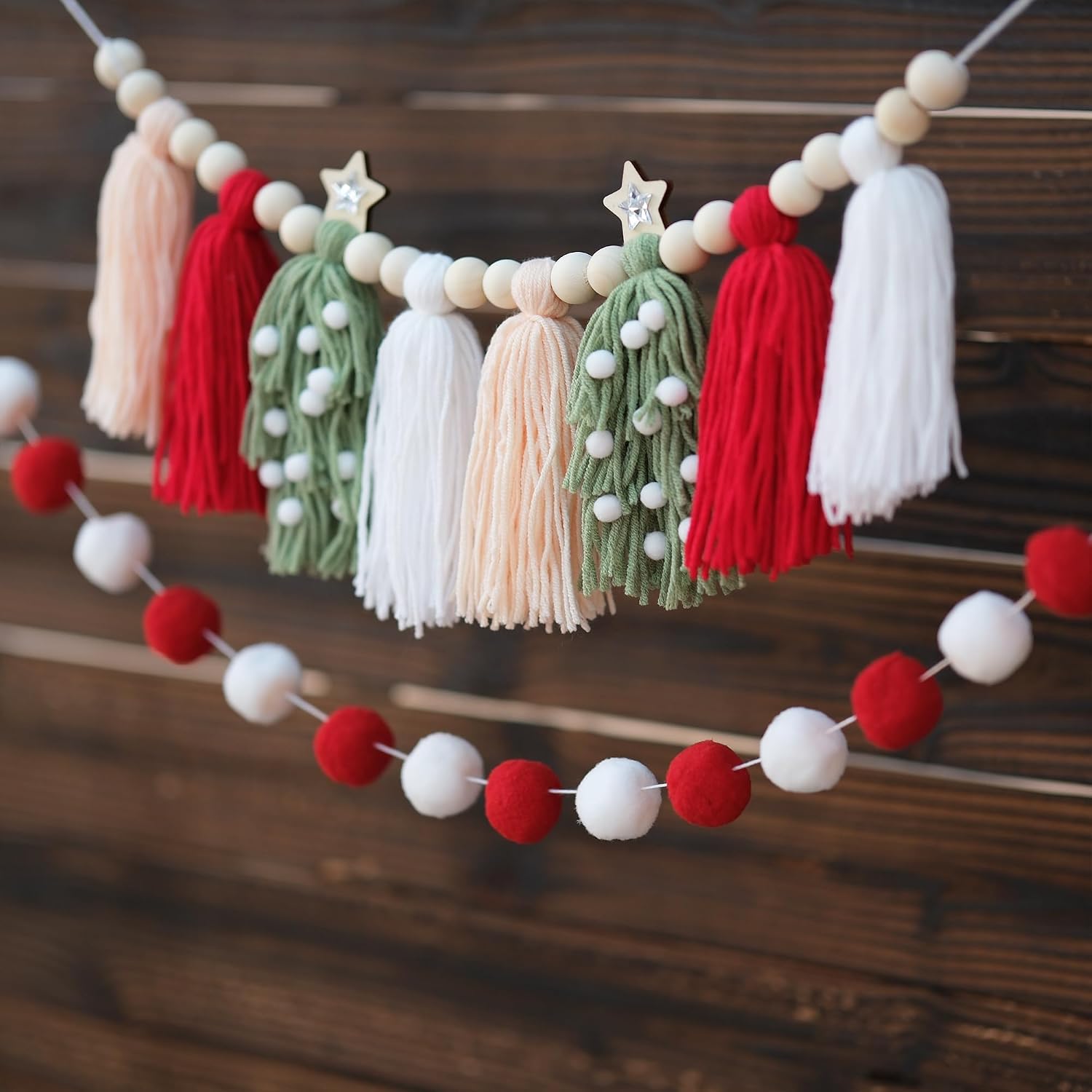 Wood Beads And Pom Pom Garlands Wall Hanging Home Decor For Christmas / Red White Pink Green