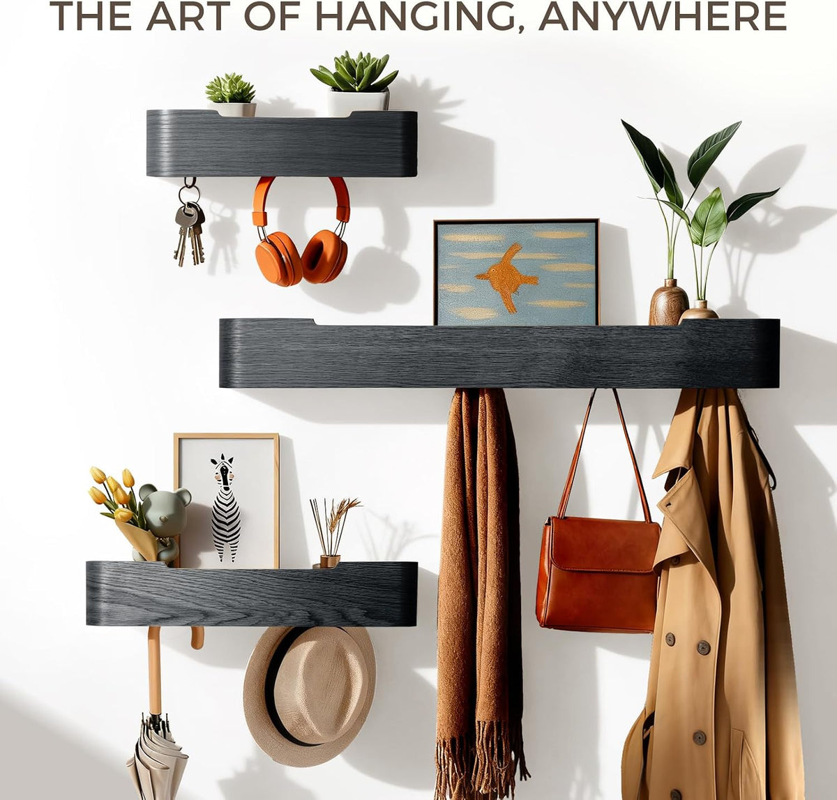 Coat Rack Wall Mount with Shelf Entryway Shelf Modern Key Holder Hanger Wall Shelves with Hidden Hooks for Hanging