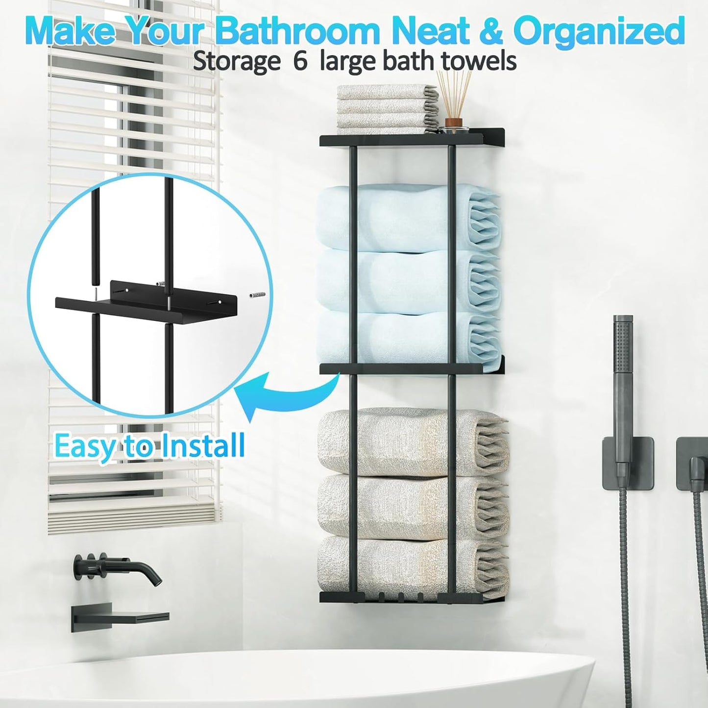Towel Rack for Bathroom, Wall Mounted Vertical Rolled Towel Storage Organizer Holder with Shelf, Holds Up 6 Large Bath