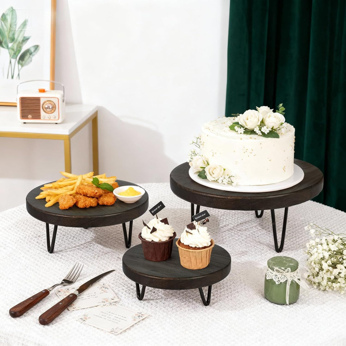 3 Pcs Buffet Risers, Wood Round Food Riser Dessert Table Display Stand Set for Party Wood Cupcake Stands Nesting Table