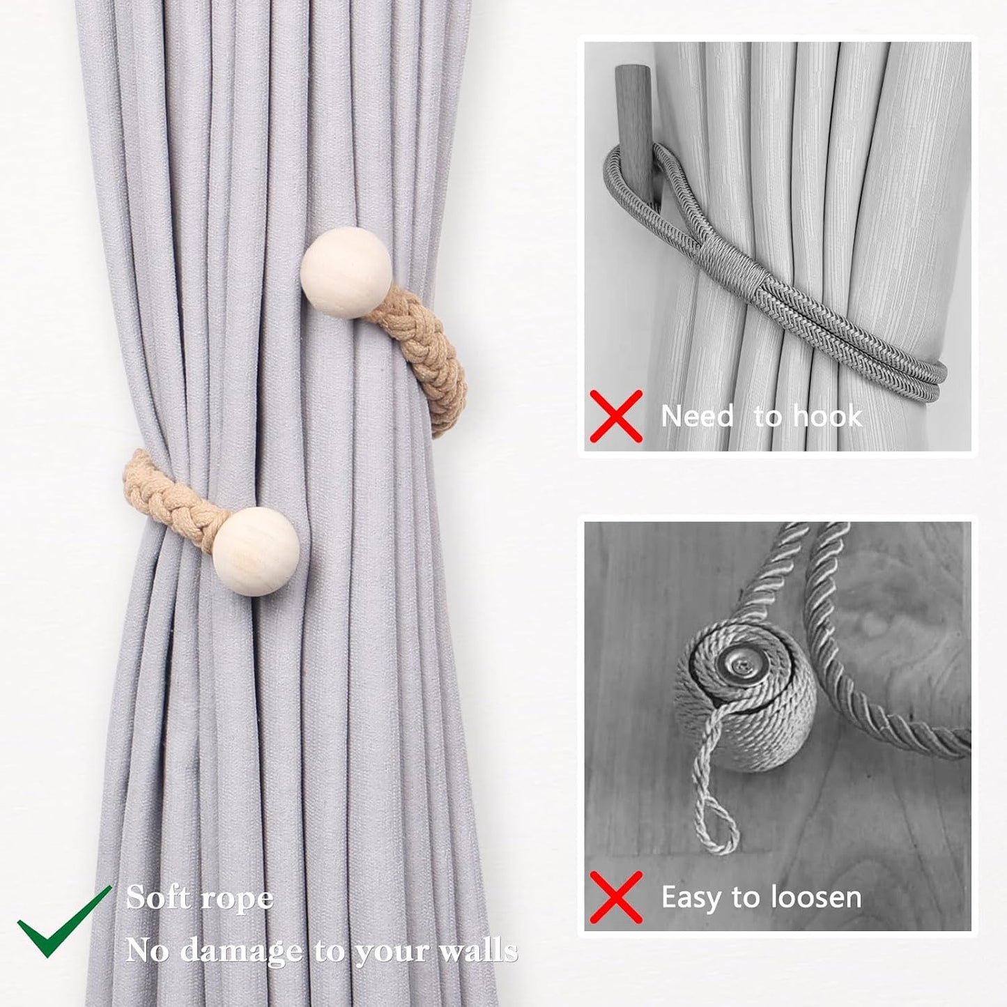 Wooden Ball Decor Curtain Tiebacks Farmhouse Rustic Style Drape Tie Backs / Dark Beige / Set of 4