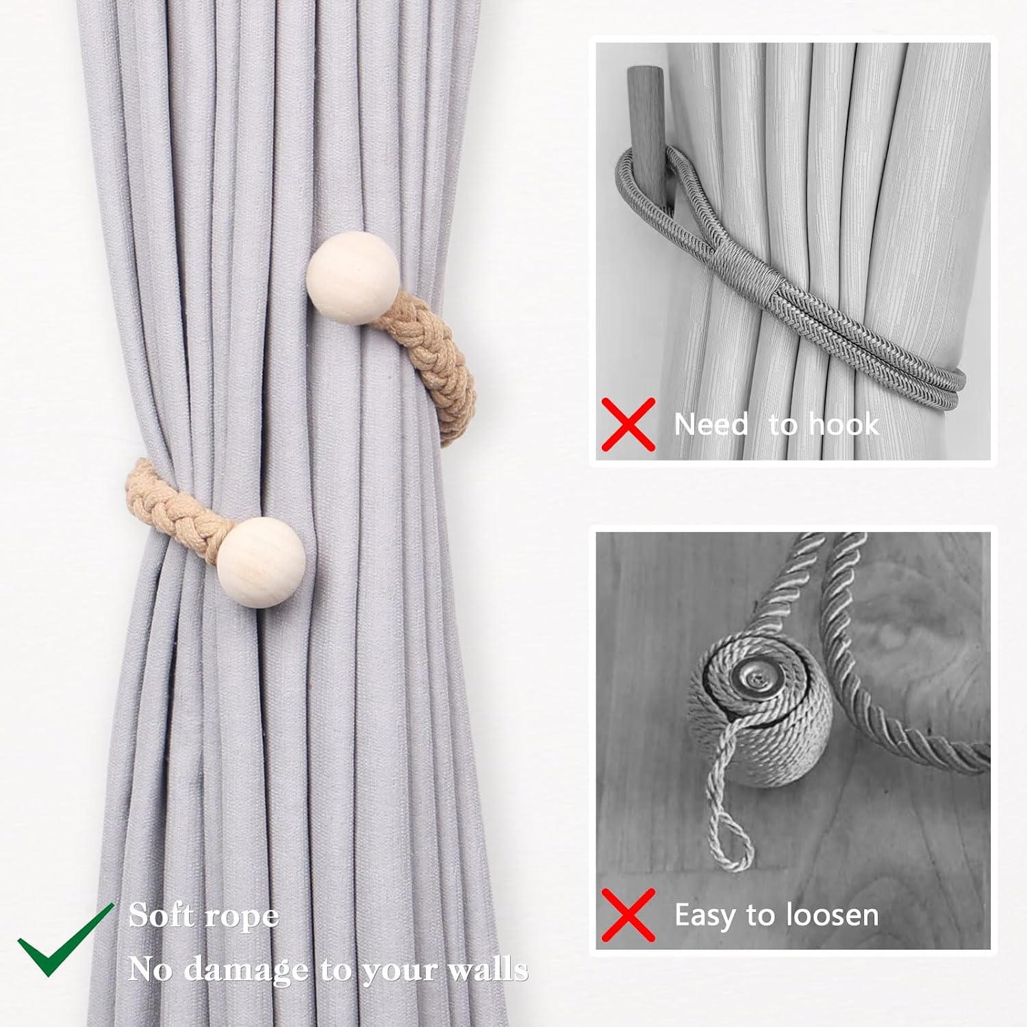 Wooden Ball Decor Curtain Tiebacks Farmhouse Rustic Style Drape Tie Backs / Dark Beige / Set of 4