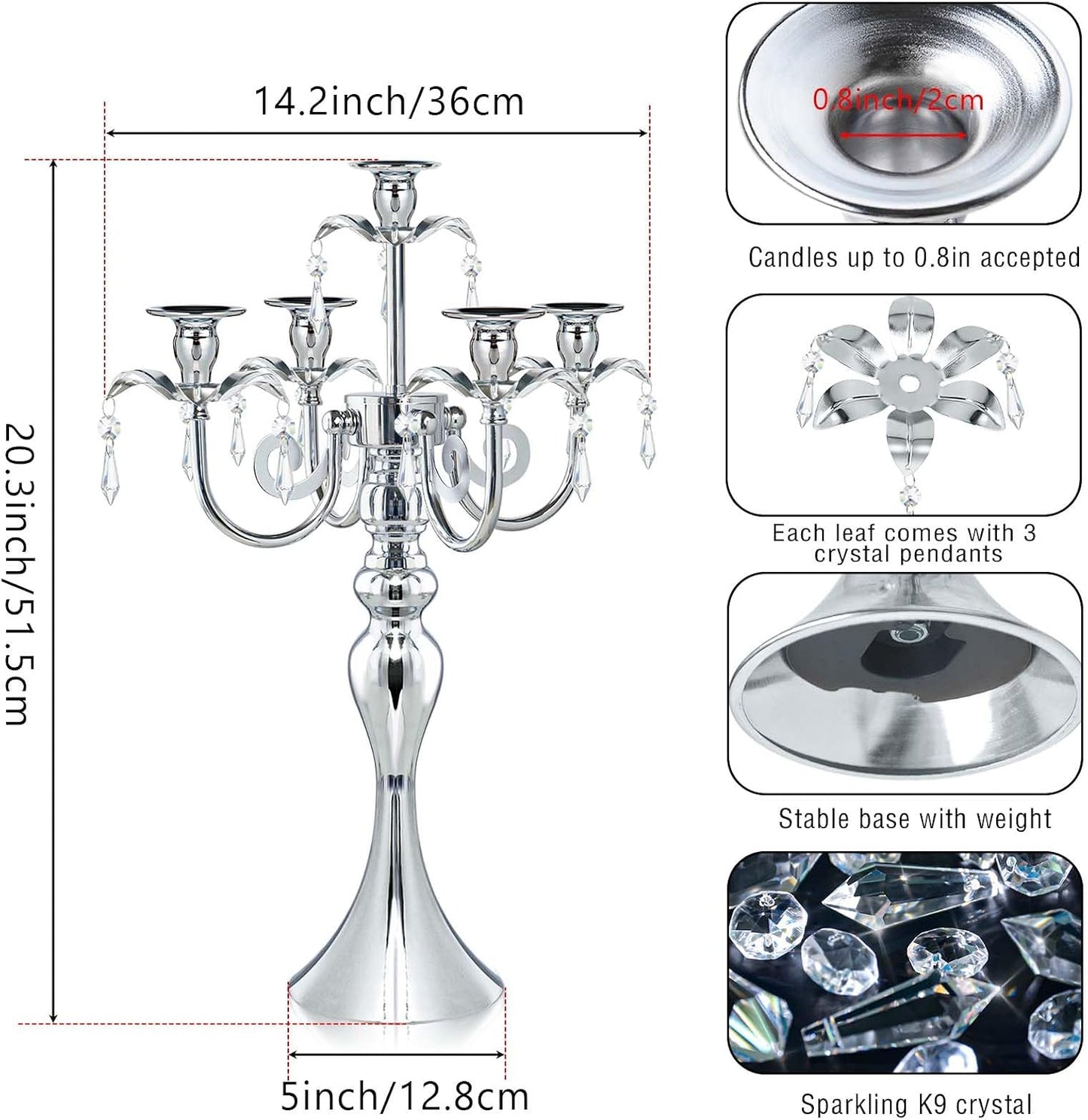 20.3'' Tall 5 Arm Candle Holder Centerpiece for Table, Metal Candelabra Candle Holder, Retro Candlestick Table