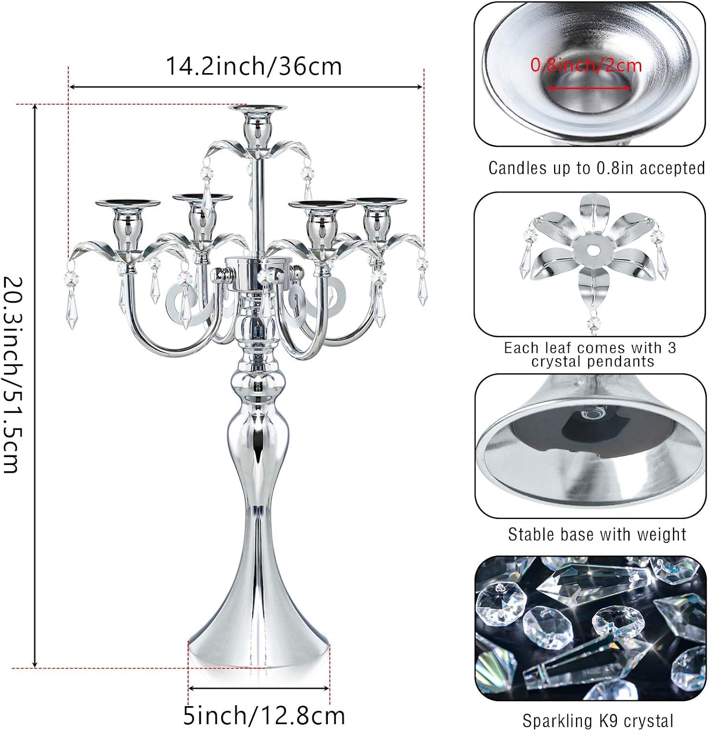20.3'' Tall 5 Arm Candle Holder Centerpiece for Table, Metal Candelabra Candle Holder, Retro Candlestick Table