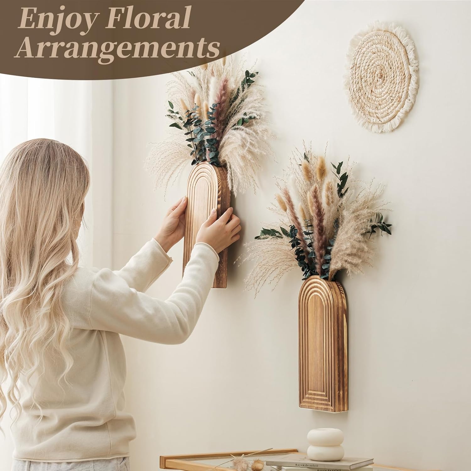 Wooden Wall Vase Set / Brown with Dry Flowers / Set of 2