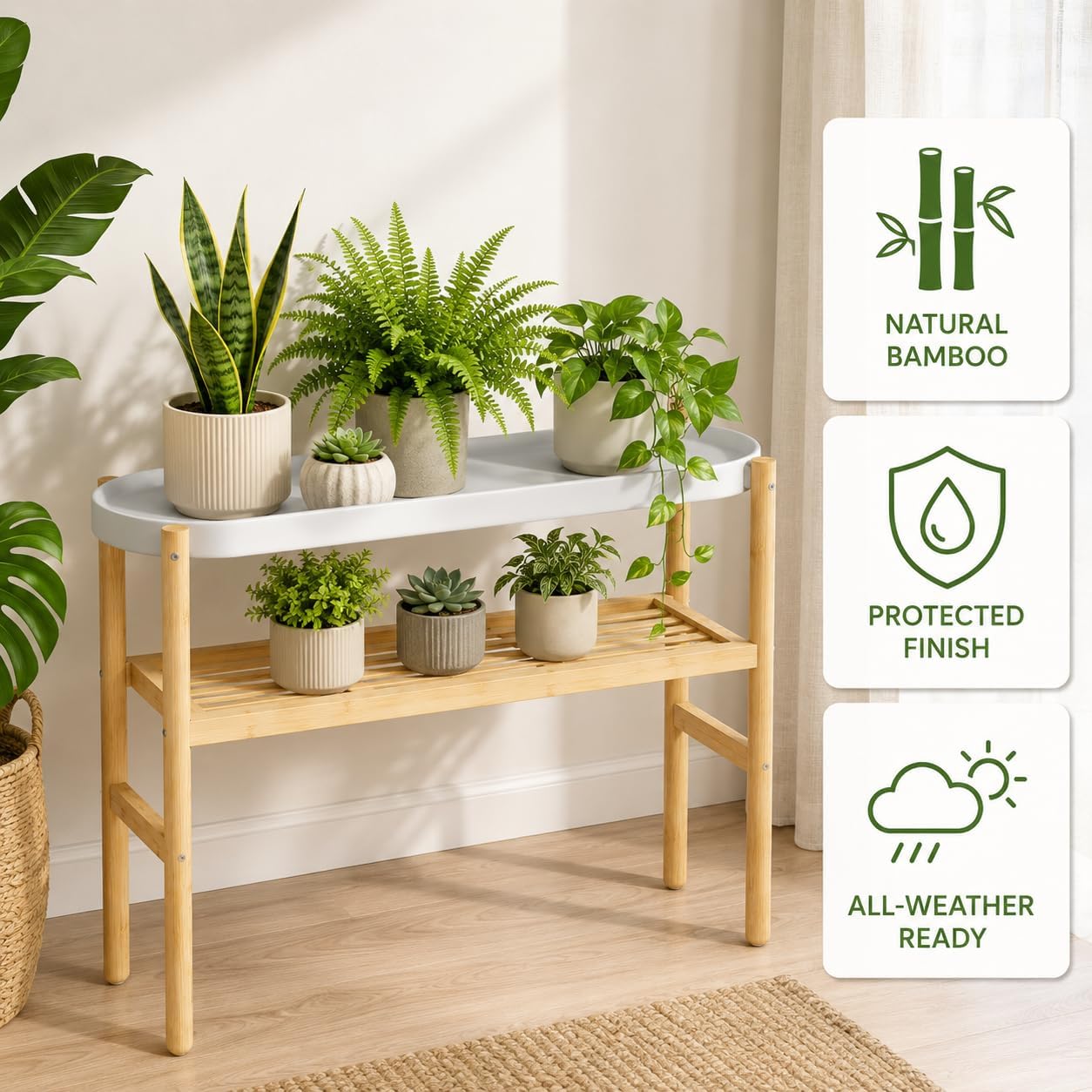 2 Tier Plant Stand Indoor, Tall Bamboo Corner Shelf for Multiple Plants | Narrow 2-Tier Display, Easy-Clean