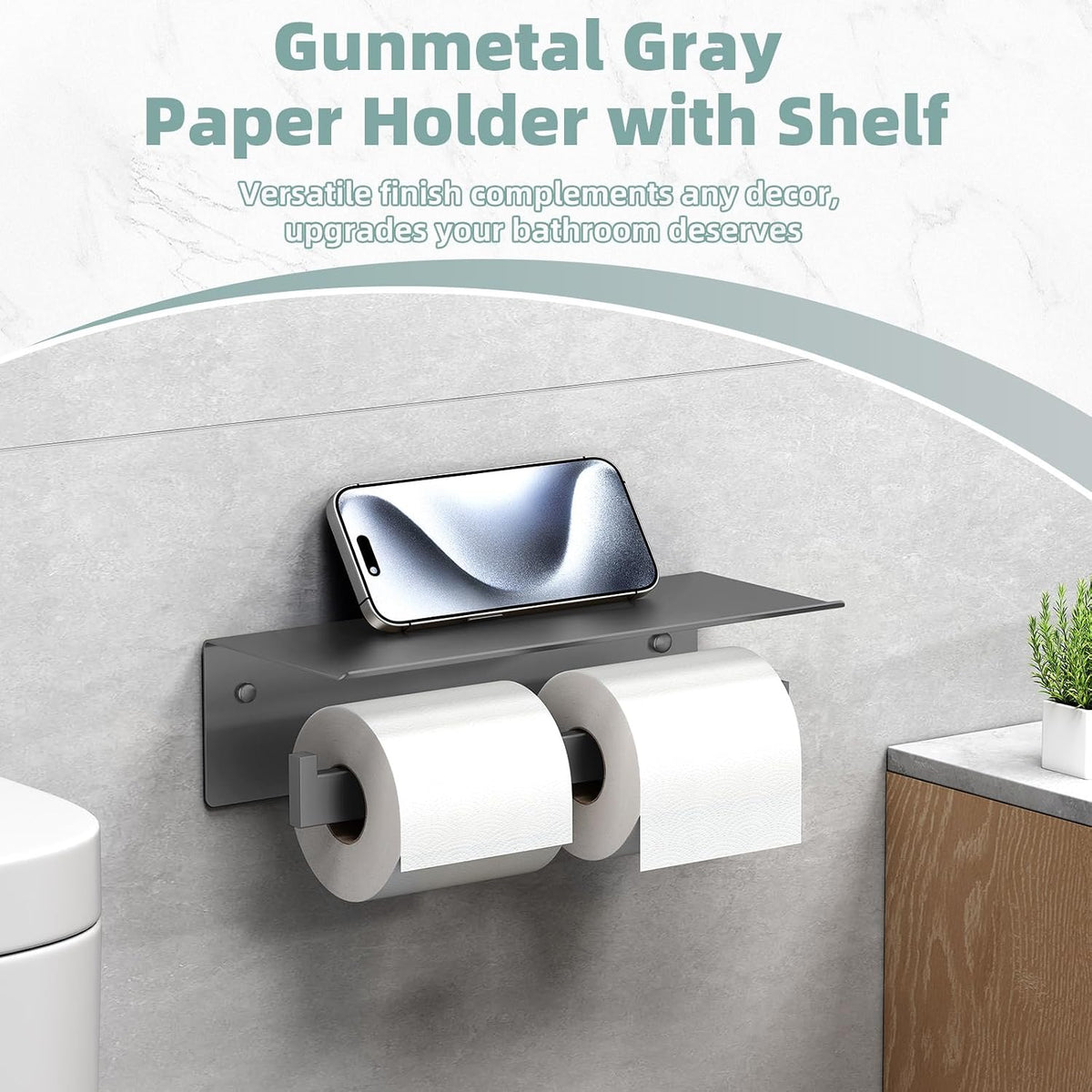 APLusee Double Toilet Paper Holder with Storage Phone Shelf, Gunmetal Gray | 304 Stainless Steel for Bathroom