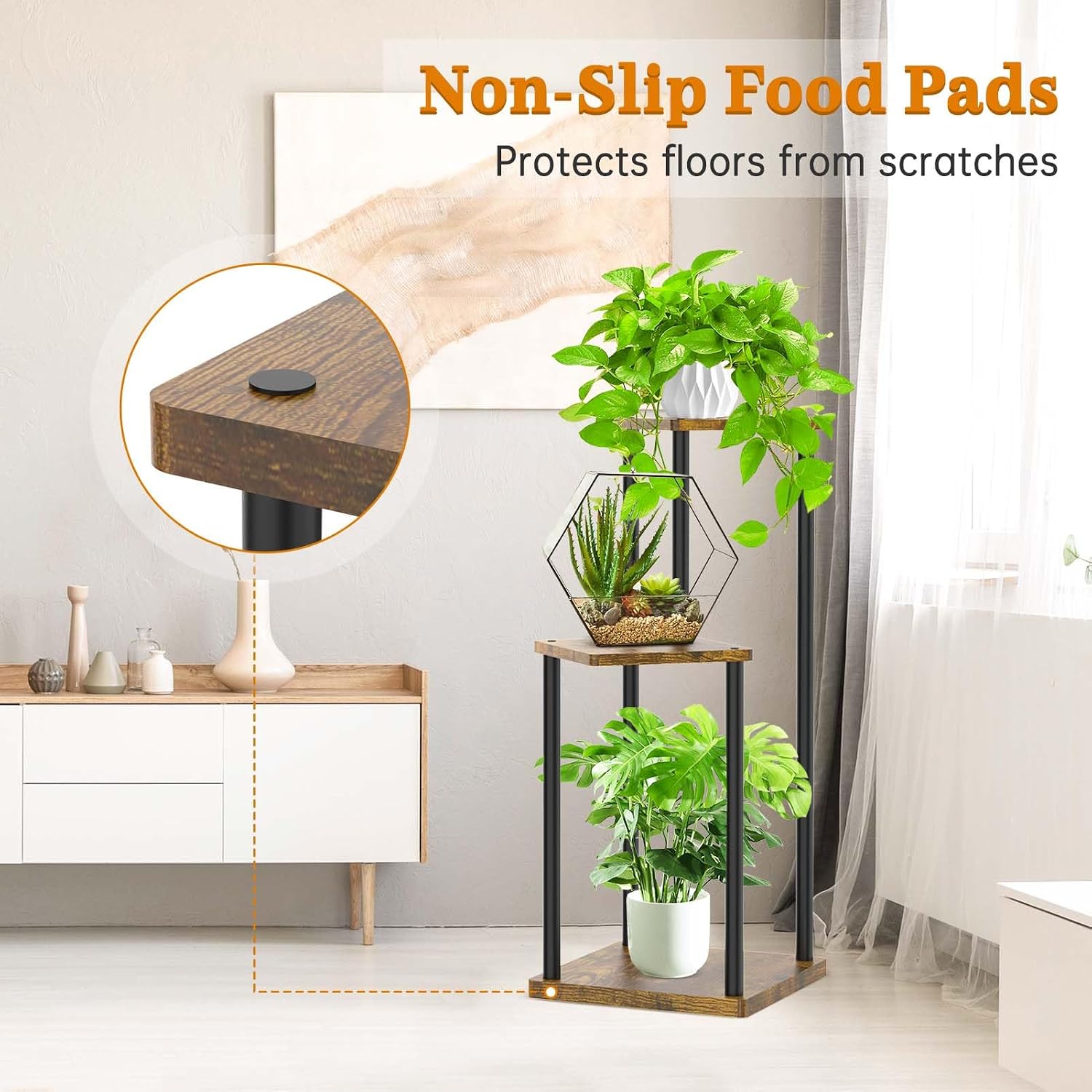 Plant Stand Indoor, Oppro 3 Tier Corner Metal Wood Flower Pot Holder Shelf | Multiple Display Rack Square Table for
