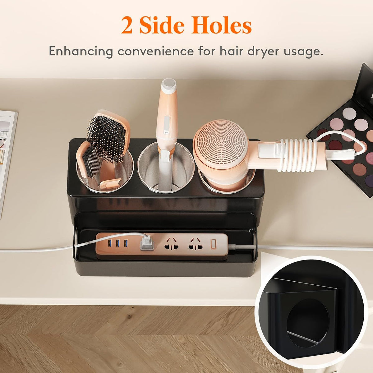 Lifewit Hair Tool Organizer Dryer Holder Countertop with 3 Cups, Black | 3 Stainless cups Tools Organizer, Acrylic body