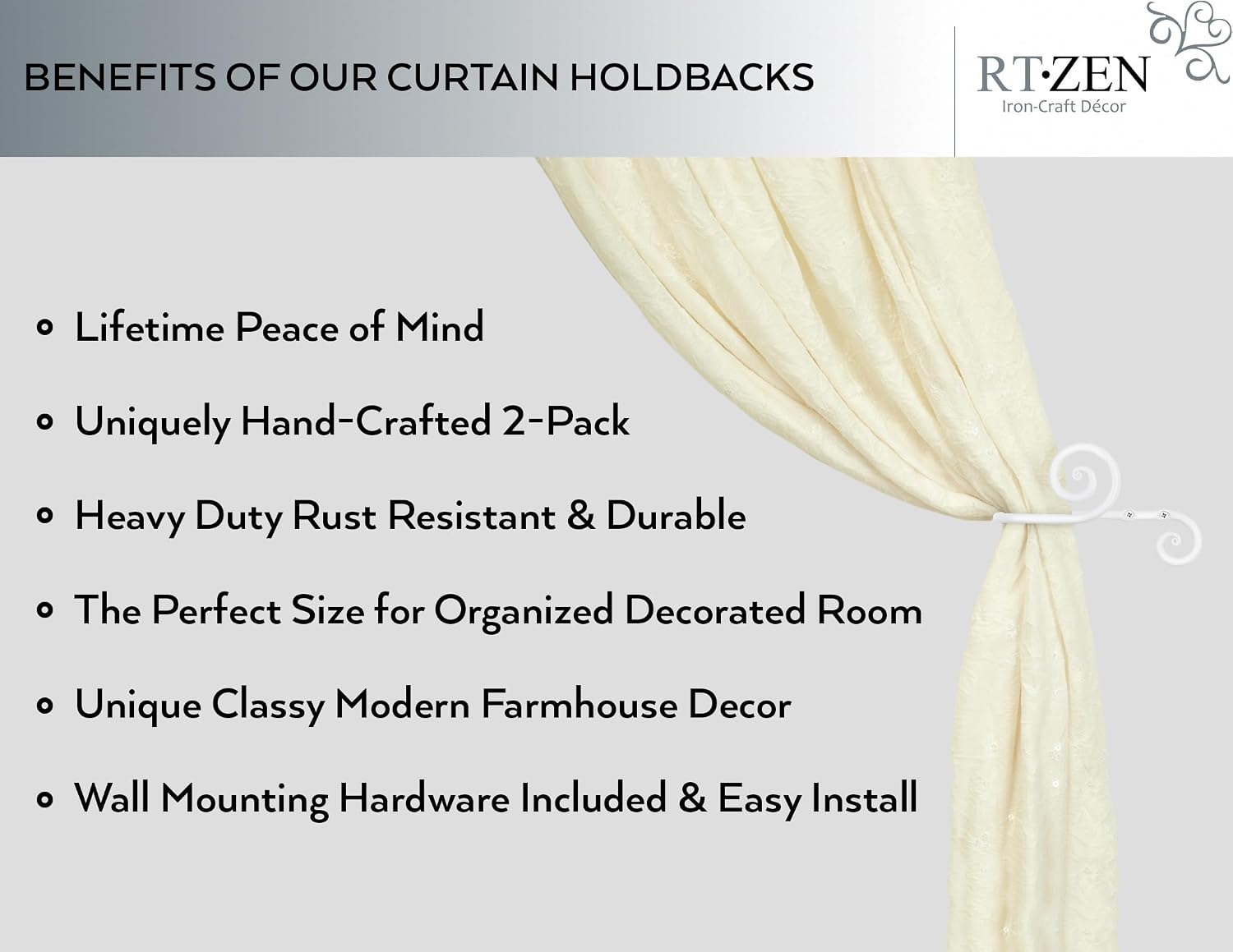Metal Curtain Tiebacks, Drapery Holders for Wall, 2 Pcs | Farmhouse Wrought Iron Curtain Holdbacks, Ornamental Window