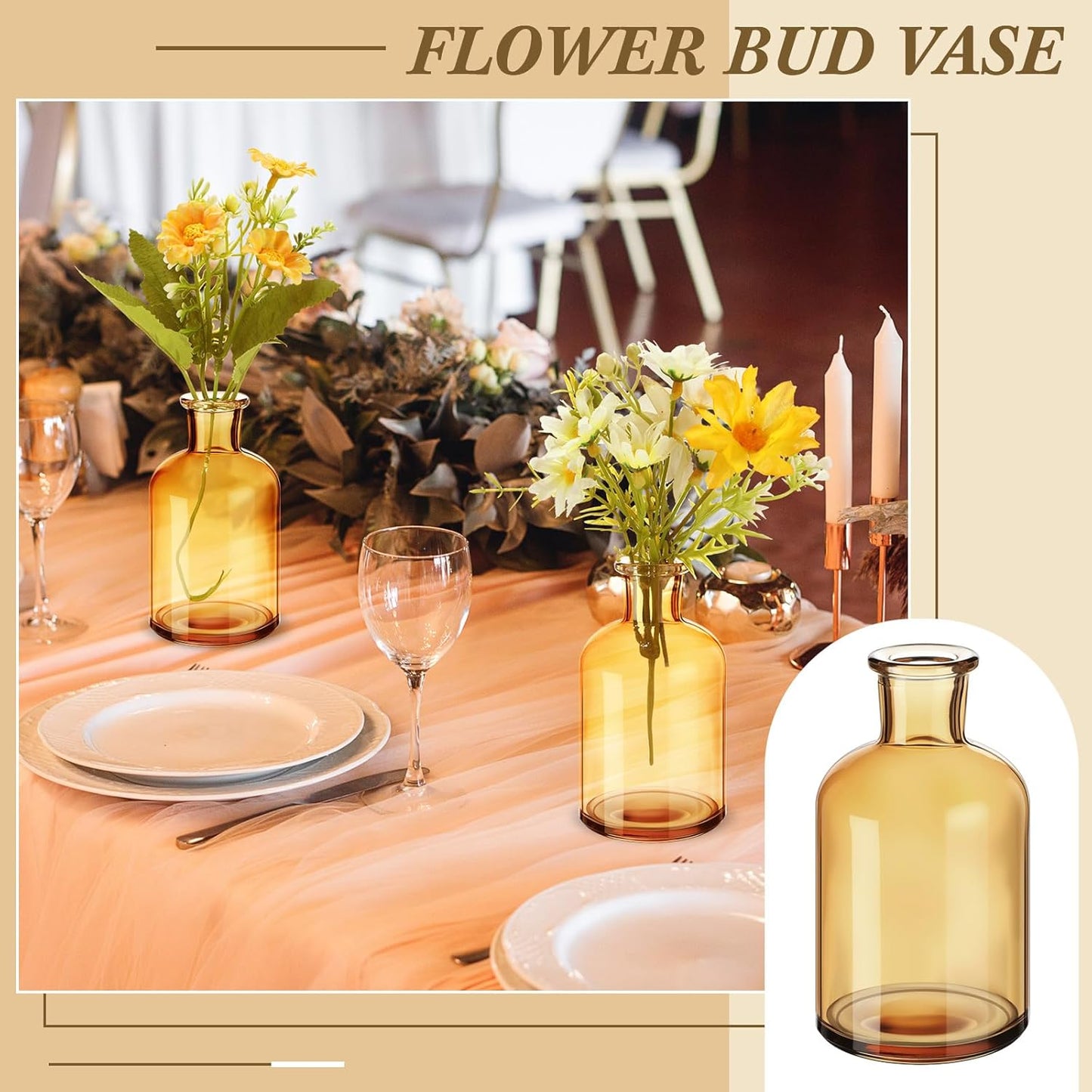 Small Glass Bud Vases Bulk Mini Flower Vases for Centerpieces / 4 Inches / Amber / Set of 15