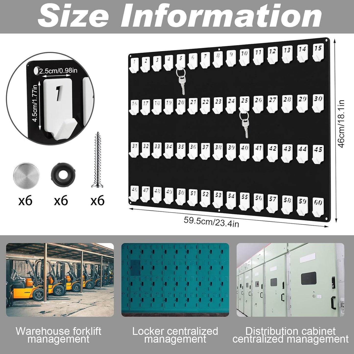 60 No. Hooks Wall Mount Key Rack Holder Hanger Storage for Real Estate Offices / 60 Hooks / Black