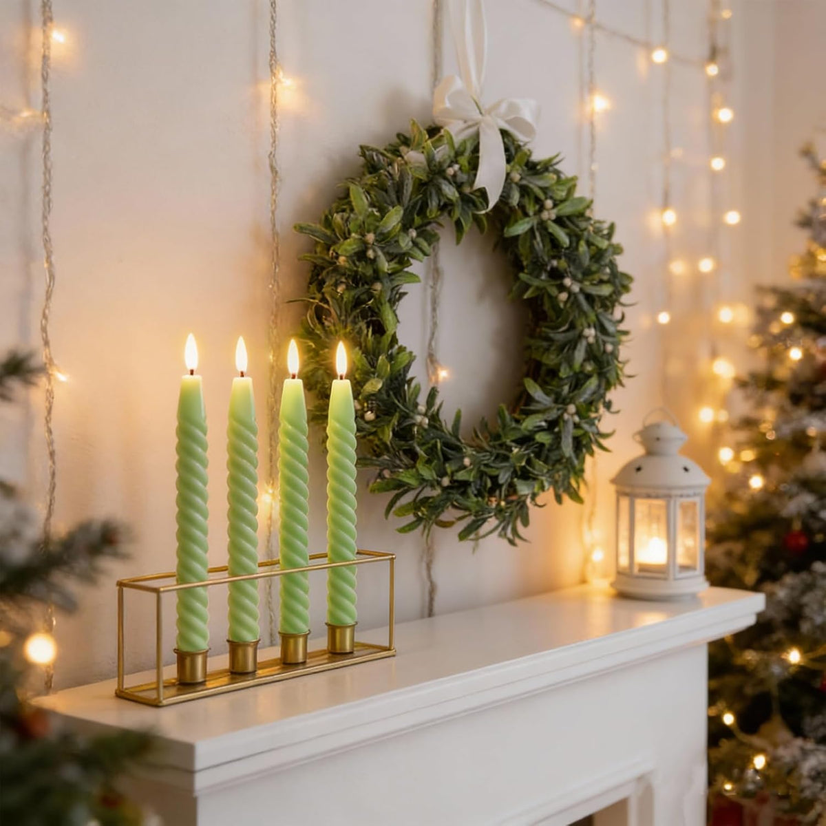 Green Flameless Taper Candles Flickering with Remote Timer | LED Spiral Taper Candles, Flameless Candlesticks, Battery