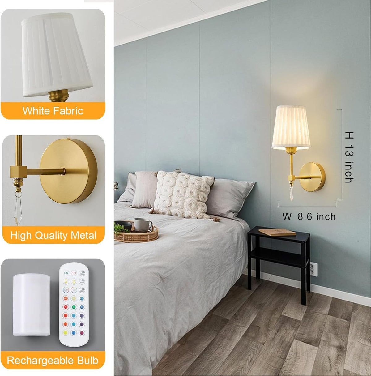Battery Operated Wall Sconce Set of 2, 10000 Mah Rechargeable Wall Sconces Dimmable 12 RGBS,Remote Wireless