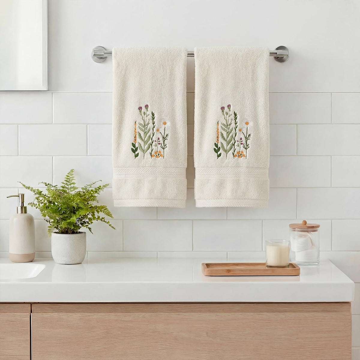 Artoid Mode 2 Pcs Beige Wildflower Floral Embroidered Hand Towels for Bathroom, 100% Cotton Soft Absorbent Farmhouse