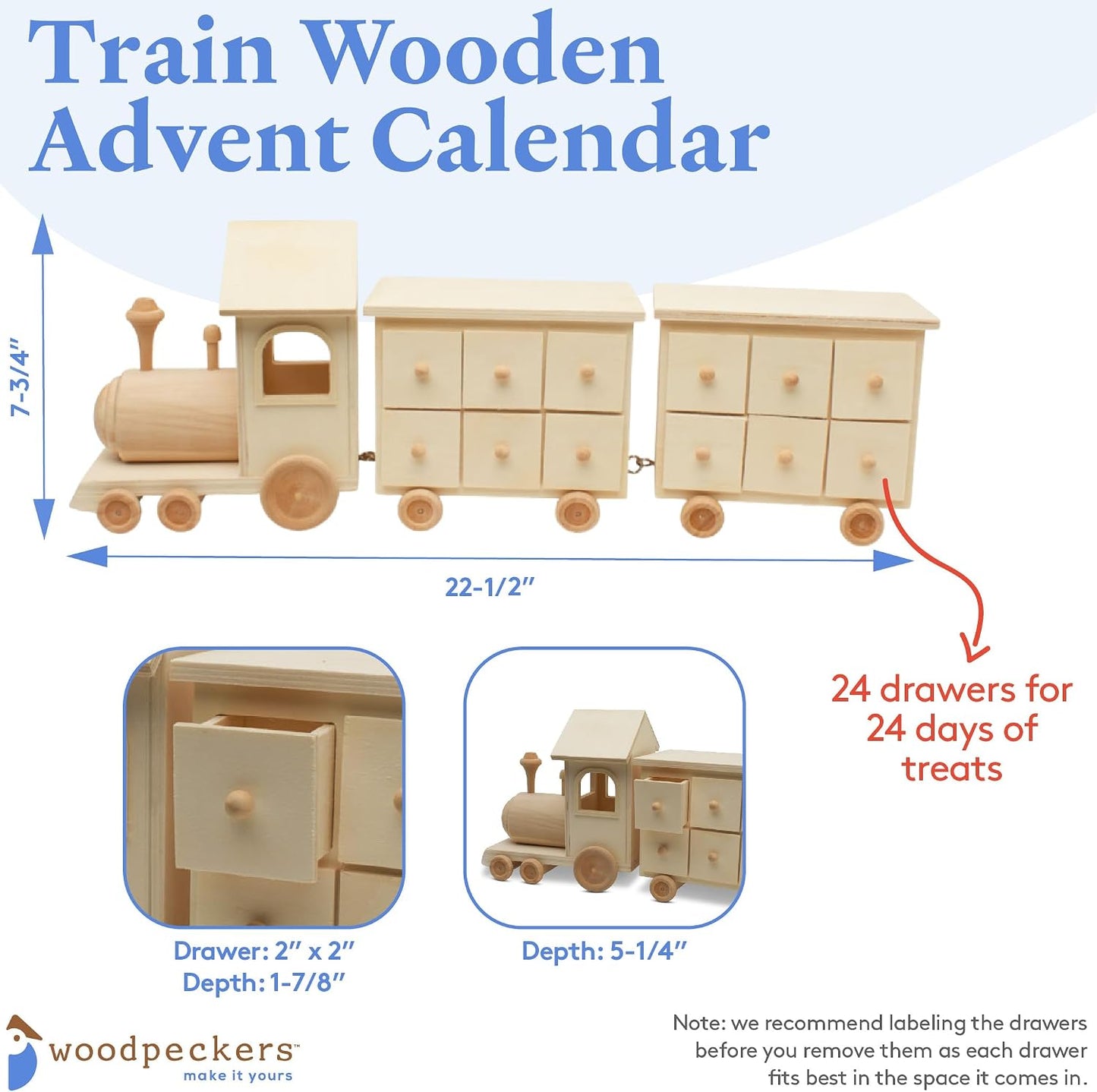 Train Wood Advent Calendar 8 x 22 Inch, Pack of 1 Unfinished Christmas Advent Calendar With 24 Empty Drawers for