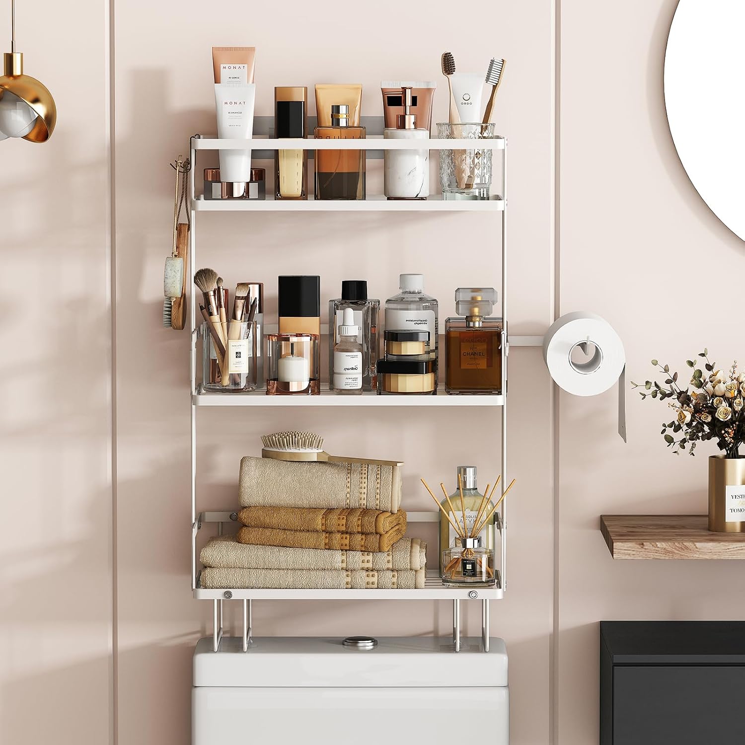 3-Tier Over Toilet Storage Shelf, Wall-Mount with 2 Hook/Paper Rack | Bathroom Organizers and Storage Cabinet