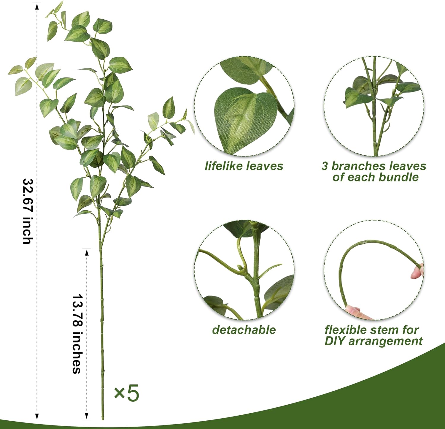 Artificial Eucalyptus Leaves Stem Plants for Spring Decor / Green / 32.7 Inch / Set of 5