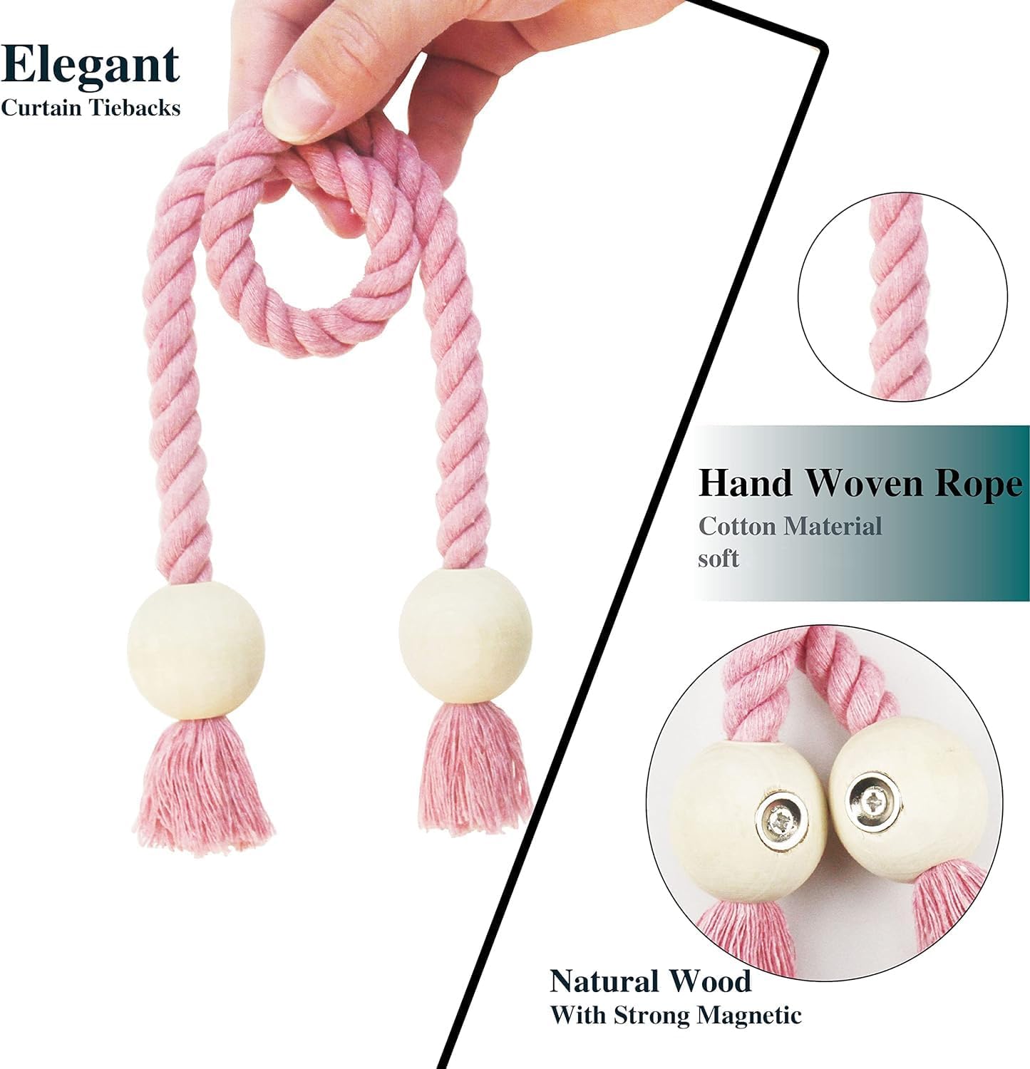 Magnetic Curtain Tiebacks Decorative Tie Back Drapes Holdbacks Nieffeiy | 6 Pack Pink Cotton Hand Woven Rope Curtain