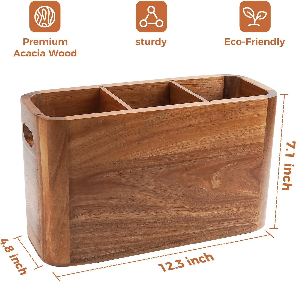 Large Acacia Wood Utensil Holder with 3 Compartments for Kitchen Counter, Extra Large Farmhouse Wooden Utensil