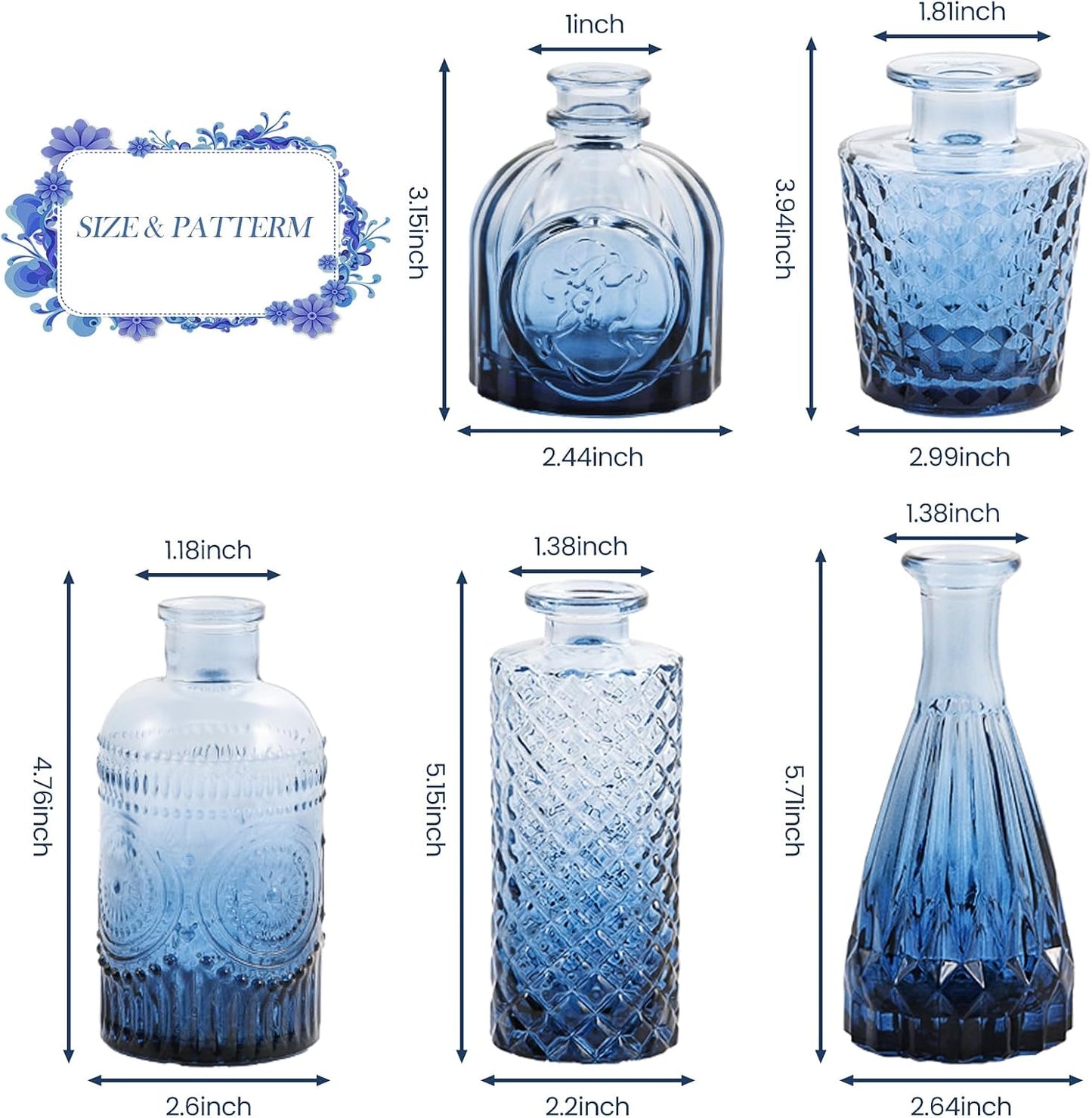 Navy Blue Glass Bud Vases / Standard-blue / Set of 5