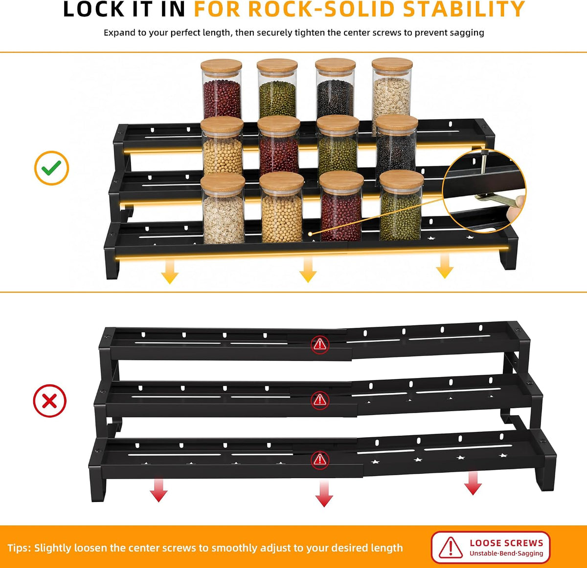 2 Pack Spice Rack Organizer for Cabinet, 13-21.5" Expandable Spicy Shelf | 9.45" Depth 3-Tier Black Metal Seasoning