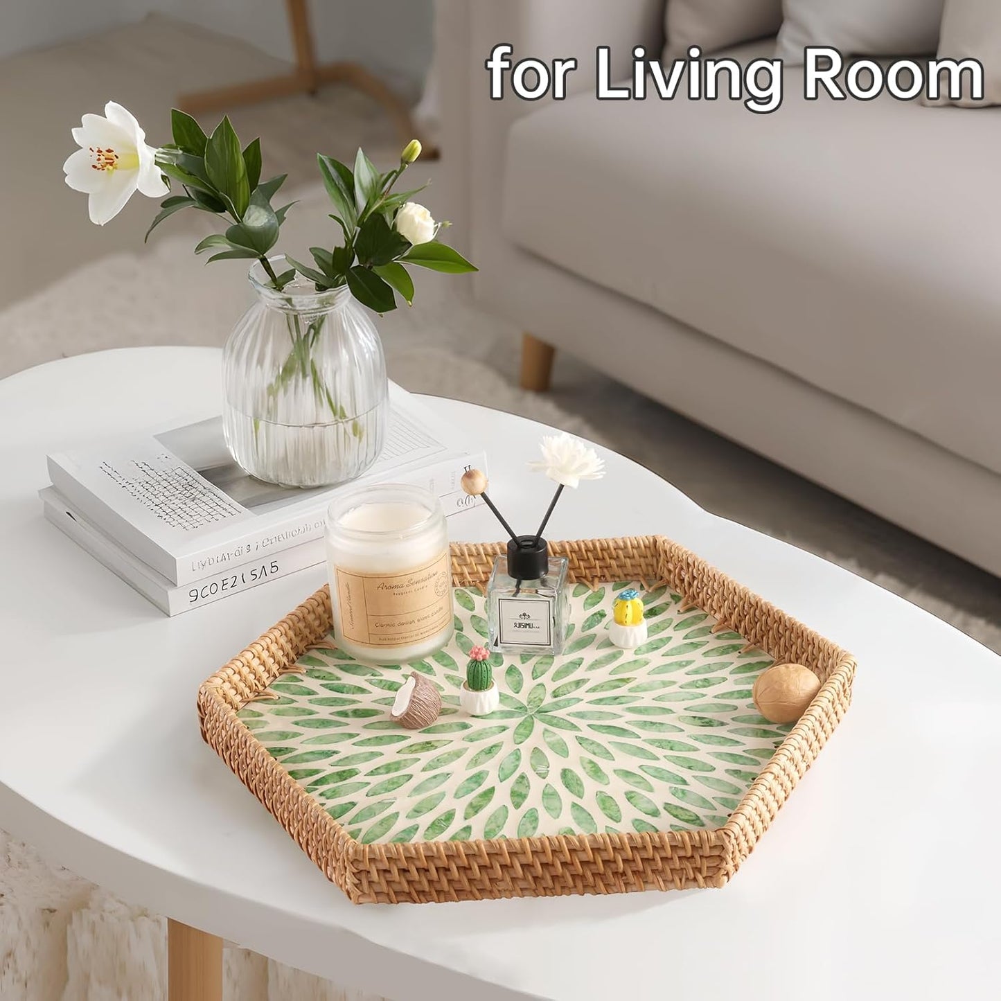 Hexagon Rattan Tray / Green Leaves