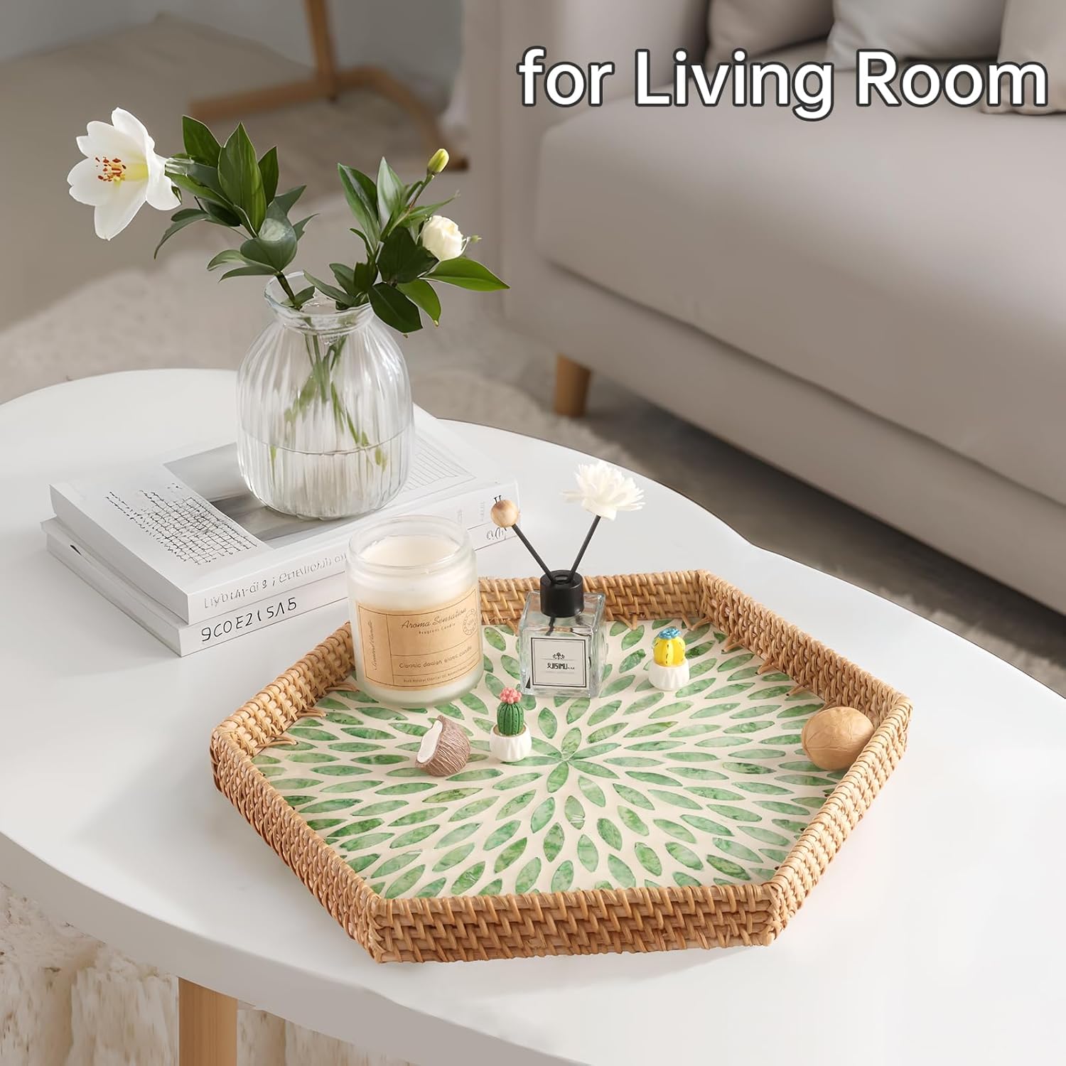 Hexagon Rattan Tray / Green Leaves