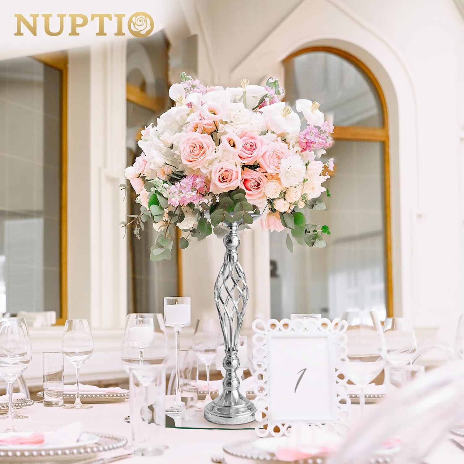 NUPTIO Silver Centerpiece Stand for Table, Twist Style , 20.5" Tall, 2 Pcs