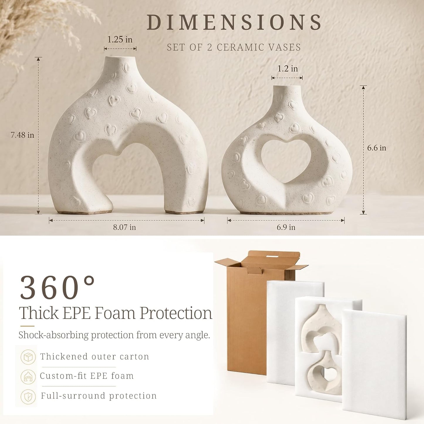 Ceramic Heart Flower Vase Home Decor / Large Cream White / Set of 2