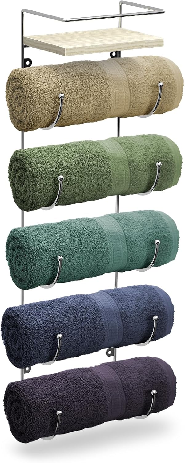 Sorbus Wall Towel Rack, 5-Tier Wood Shelf, Wall Mounted (Silver) | Five-tier metal holder for rolled bath towels