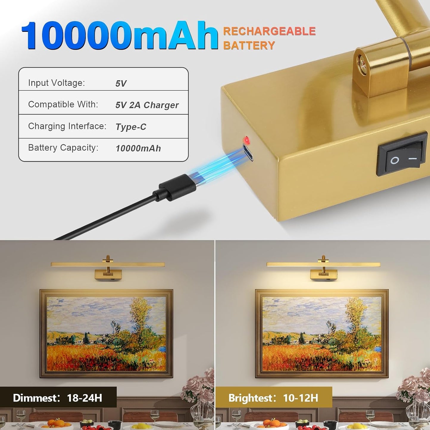 Wireless Picture Lights for Wall Battery Operated, Brass Art Lighting for Paintings Rechargeable Gallery lights with
