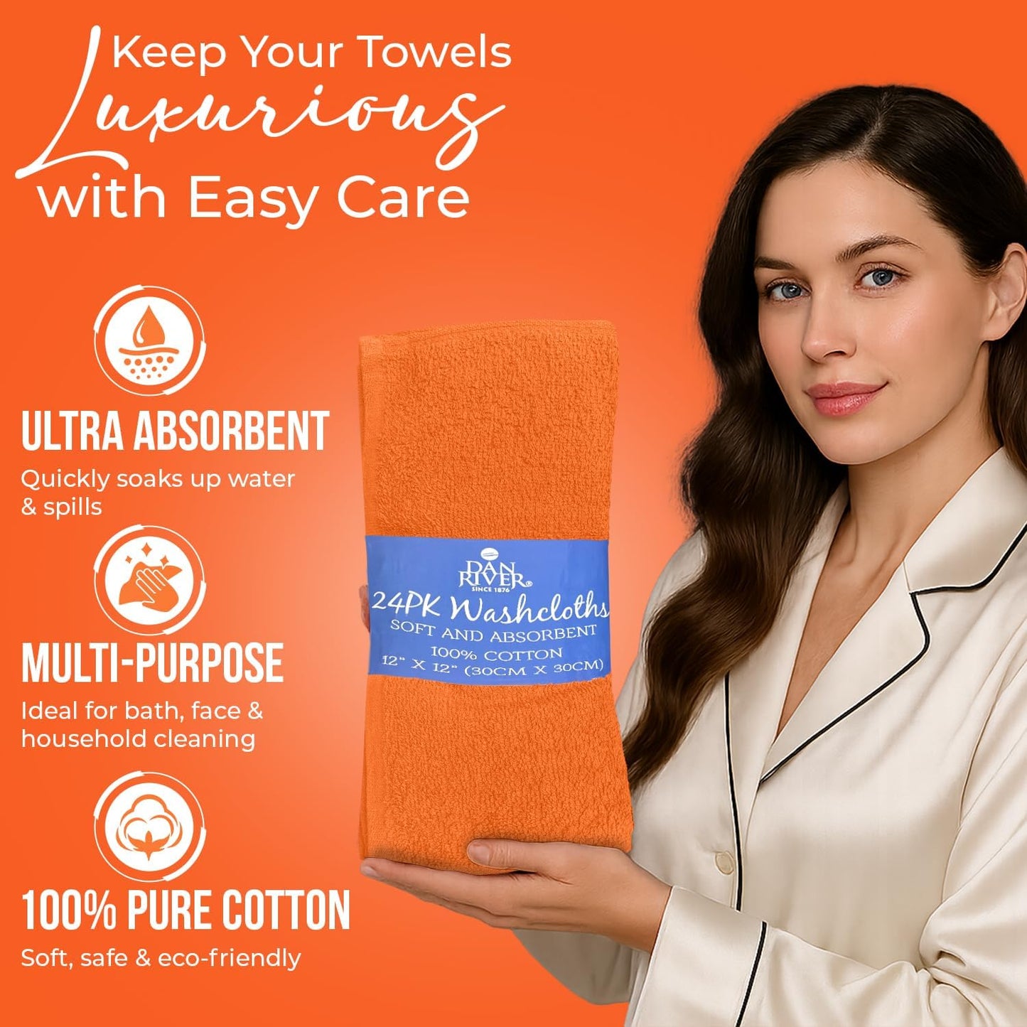 DAN RIVER 24 Pack Cotton Wash Cloths Set for Showering [12x12] Orange | Lighter Weight, Quick to Dry, Super Soft &