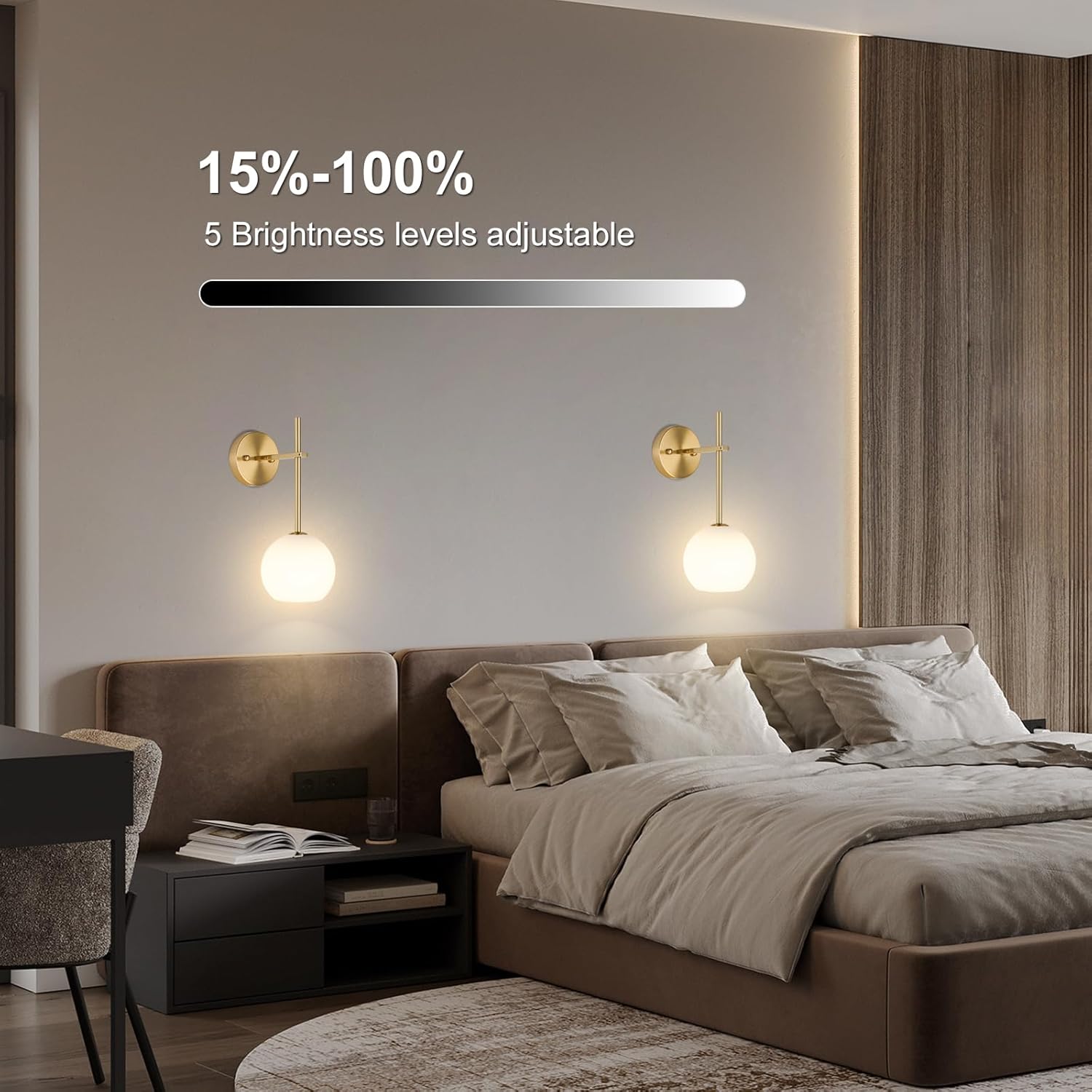 Gold Battery Operated Wall Sconces Set of 2, Rechargeable Wireless Wall Lights with Milky White Frosted Glass Shade, 12