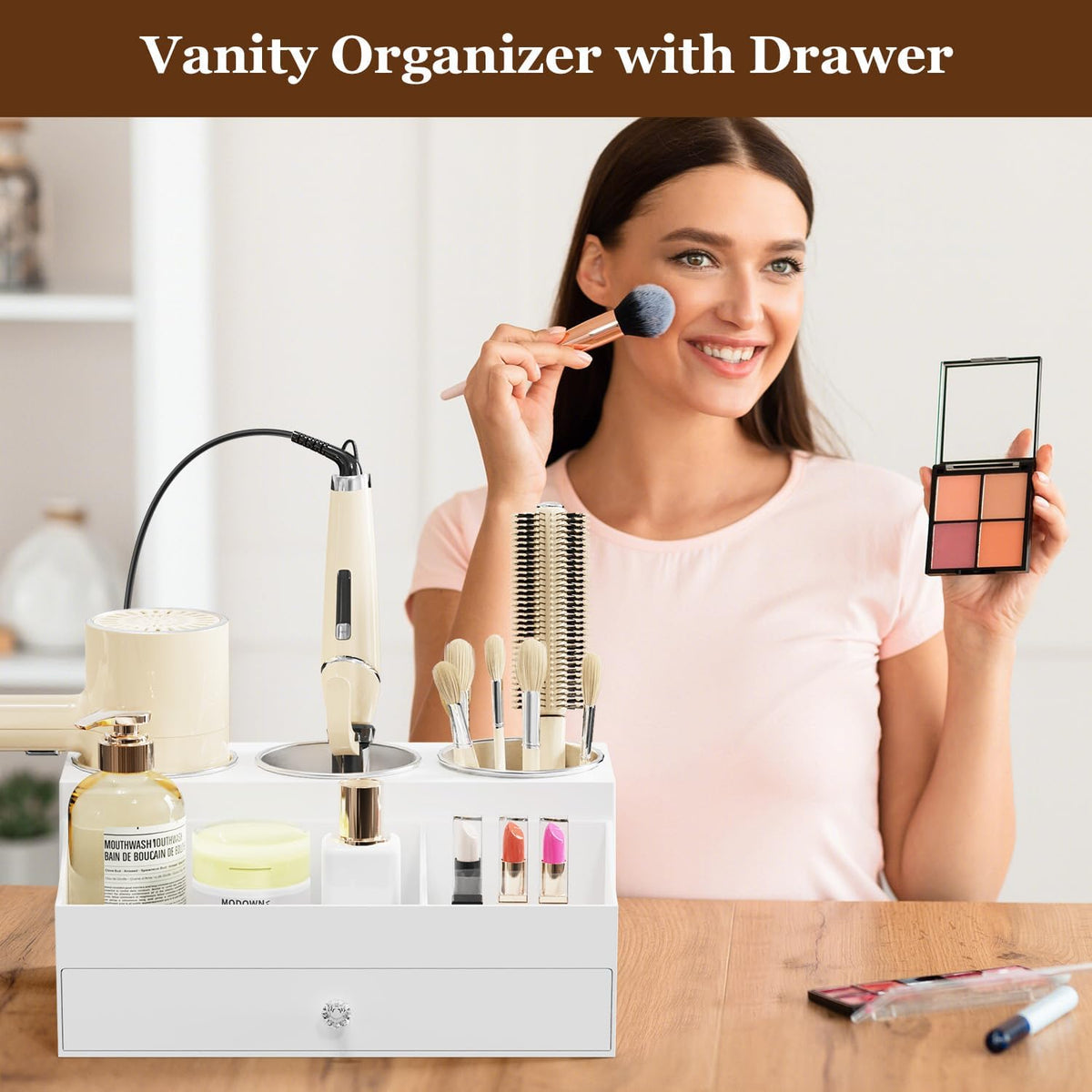 GFWARE Hot Hair Styling Tool Organizer with Drawer & 3 Cooling Cups, White | Bathroom Vanity Storage, Hair Styling