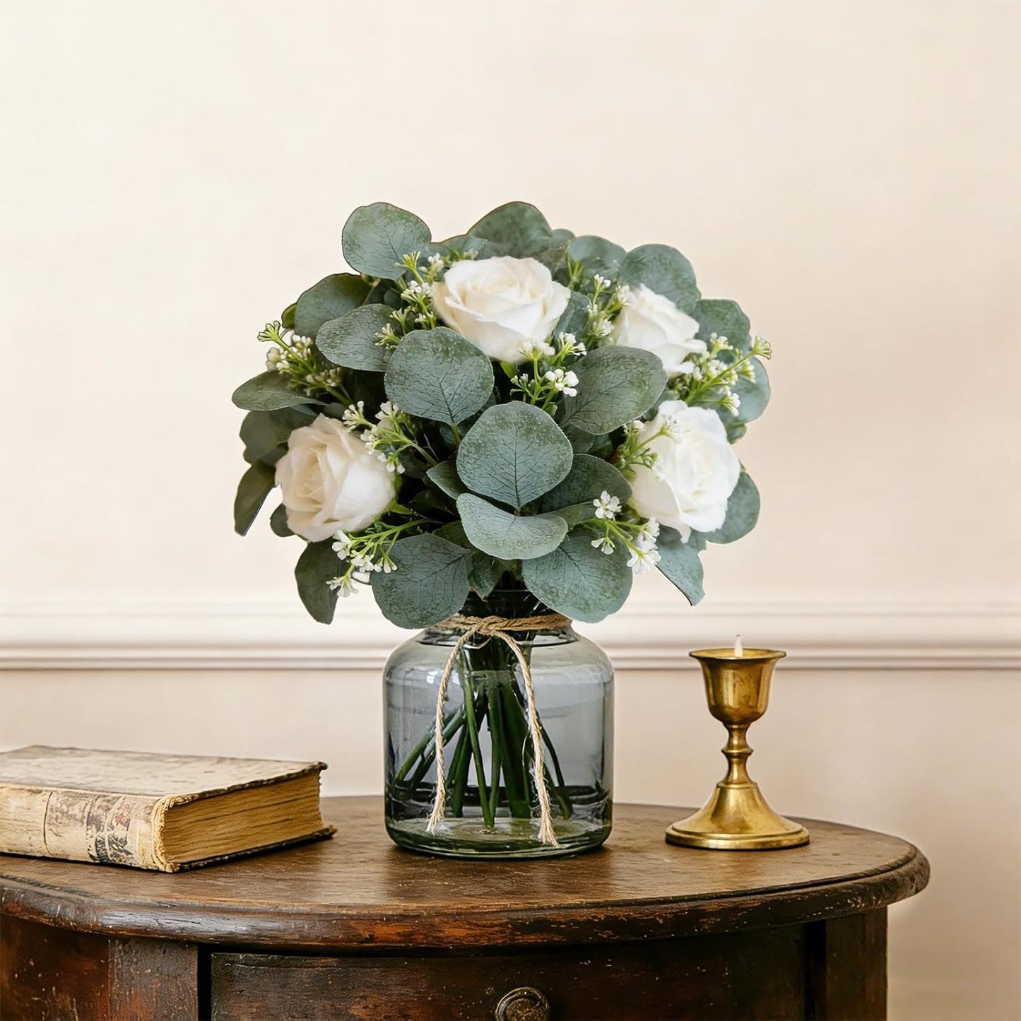 Faux Eucalyptus Leaves Stems Bulk Dollar White Seed Artificial Greenery Stems / Silver / Set of 40