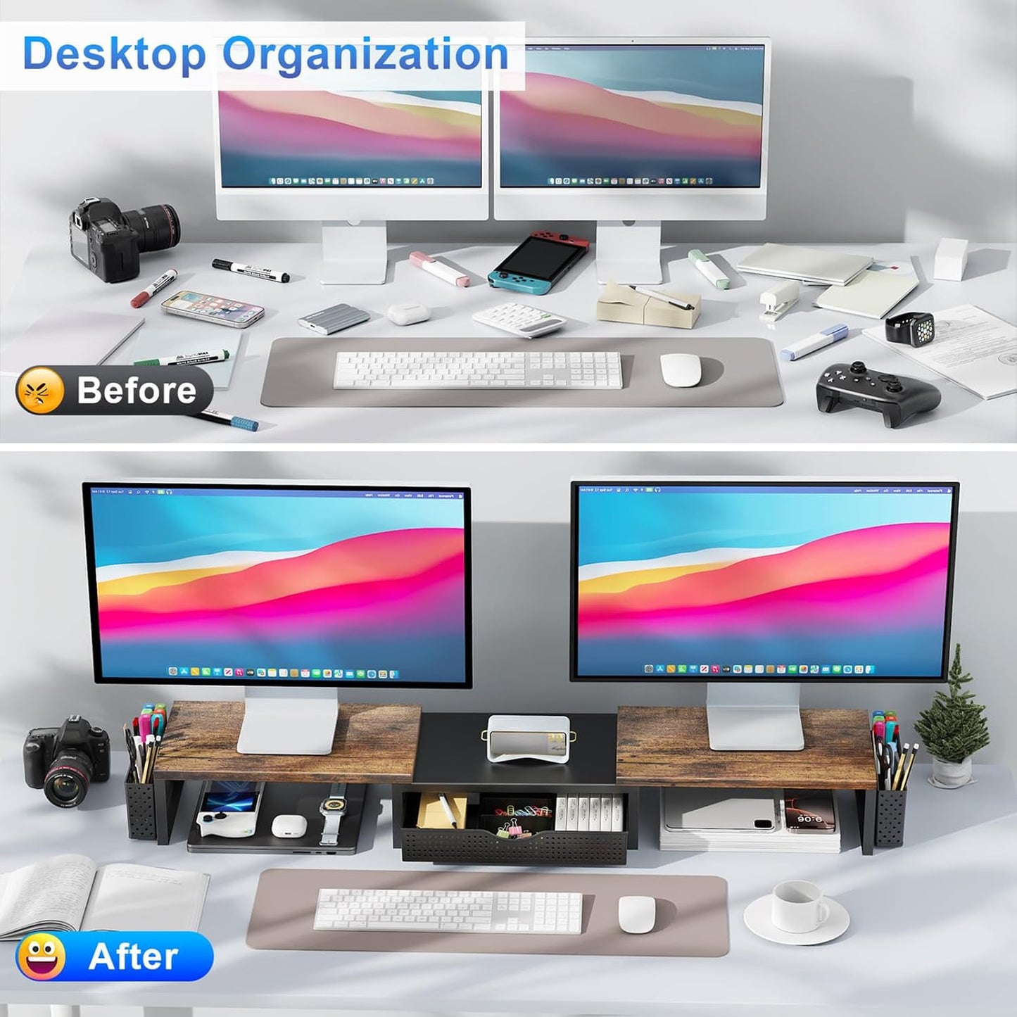gianotter Dual Monitor Stand Riser With Drawer and 2 Pen Holders | Wood Computer Monitor Stand Desk Organizer and