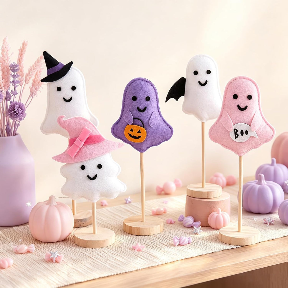 SUNBEAUTY Pink Halloween Decor Pink Felt Ghost Halloween Table Decorations, 5Pcs Cute Ghost Witch Hat Bat Wings, Boo, Pumpkin Centerpieces for Home Mantel Tabletop Desk Office Tray Decor