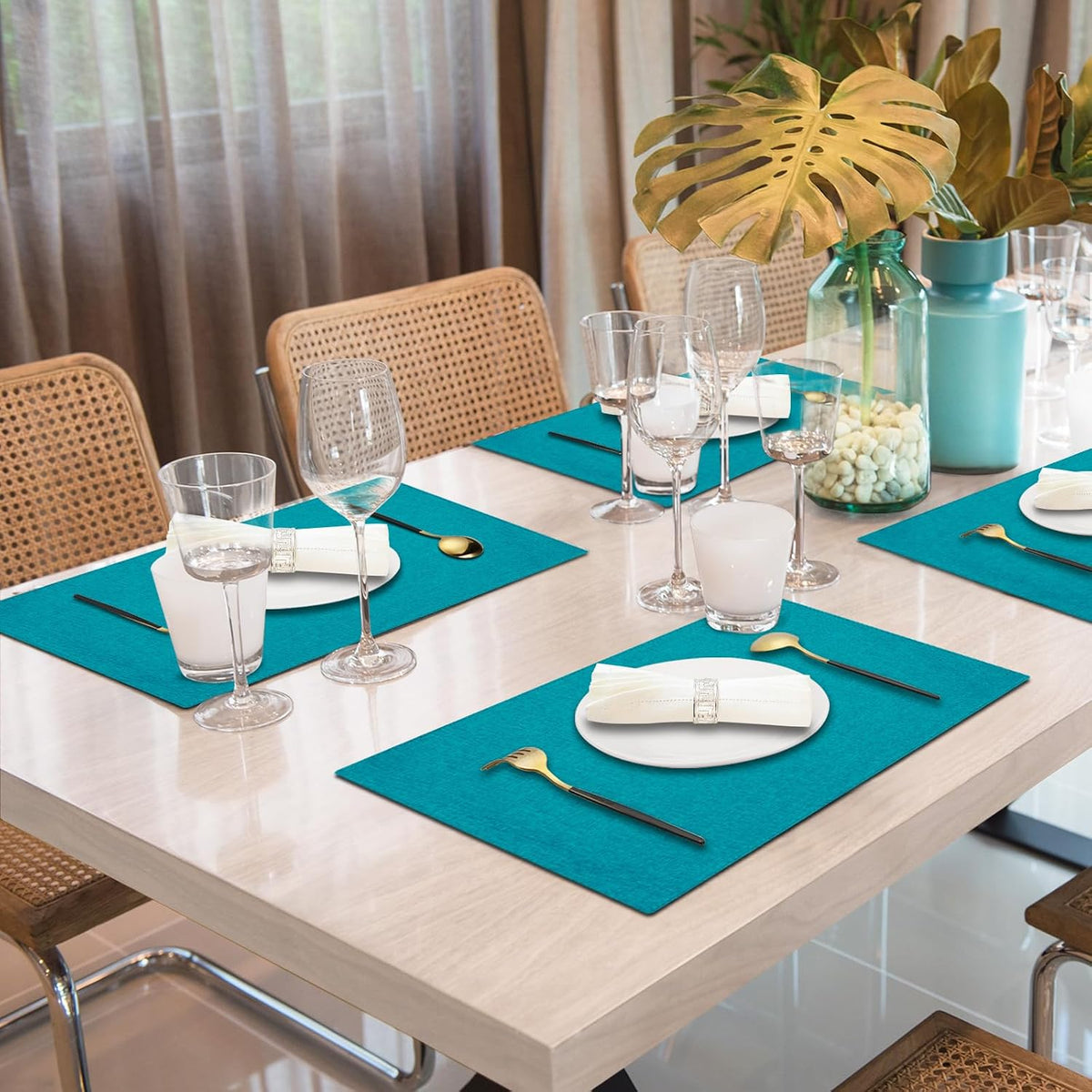 Cloth Placemats Set of 6, Cotton Linen Blend Place Mats, Teal | Machine Washable, Double Layered, Heat Resistant