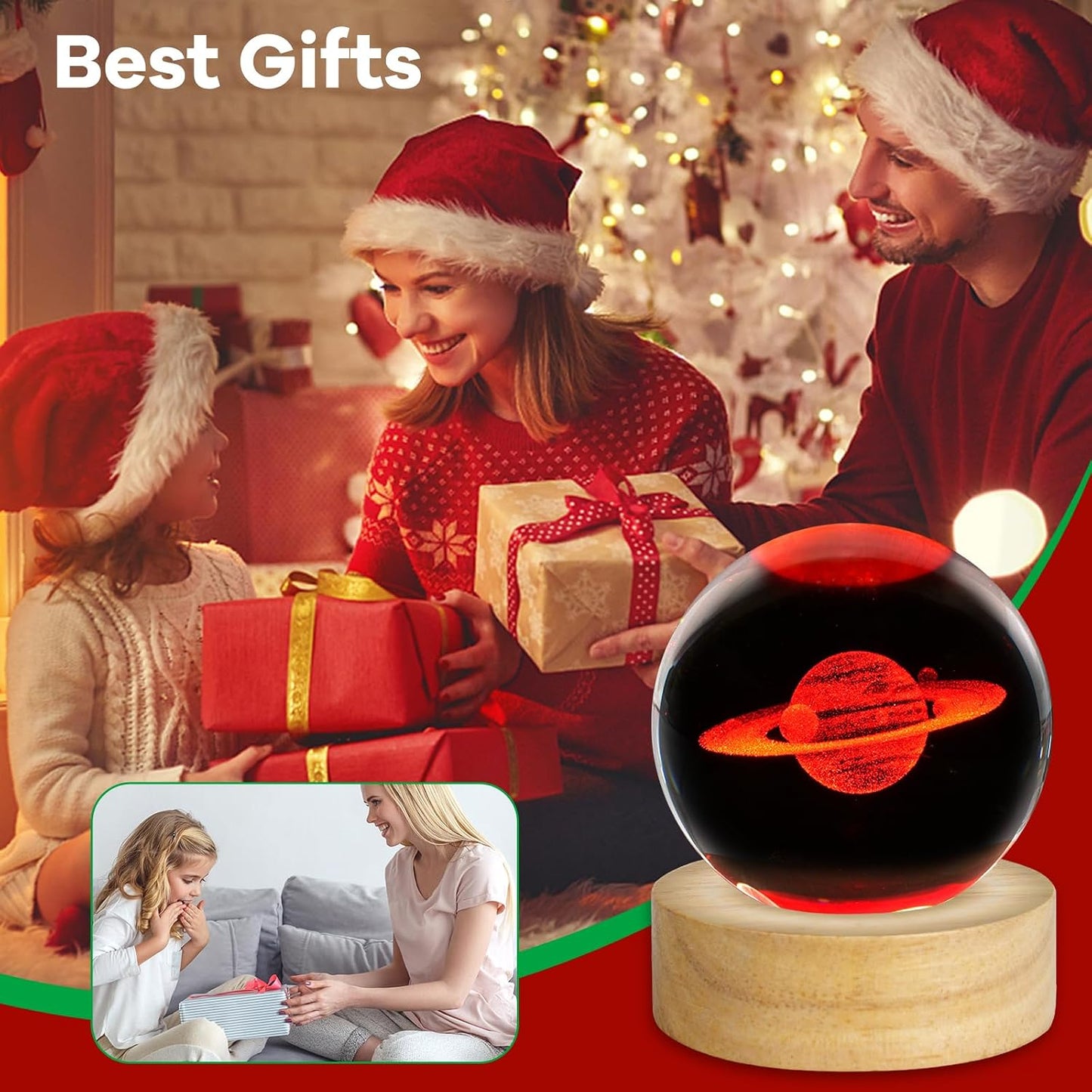 3D Crystal Ball Night Light Planet Glass Sphere Lamps Decor / Saturn / 2.4 Inch