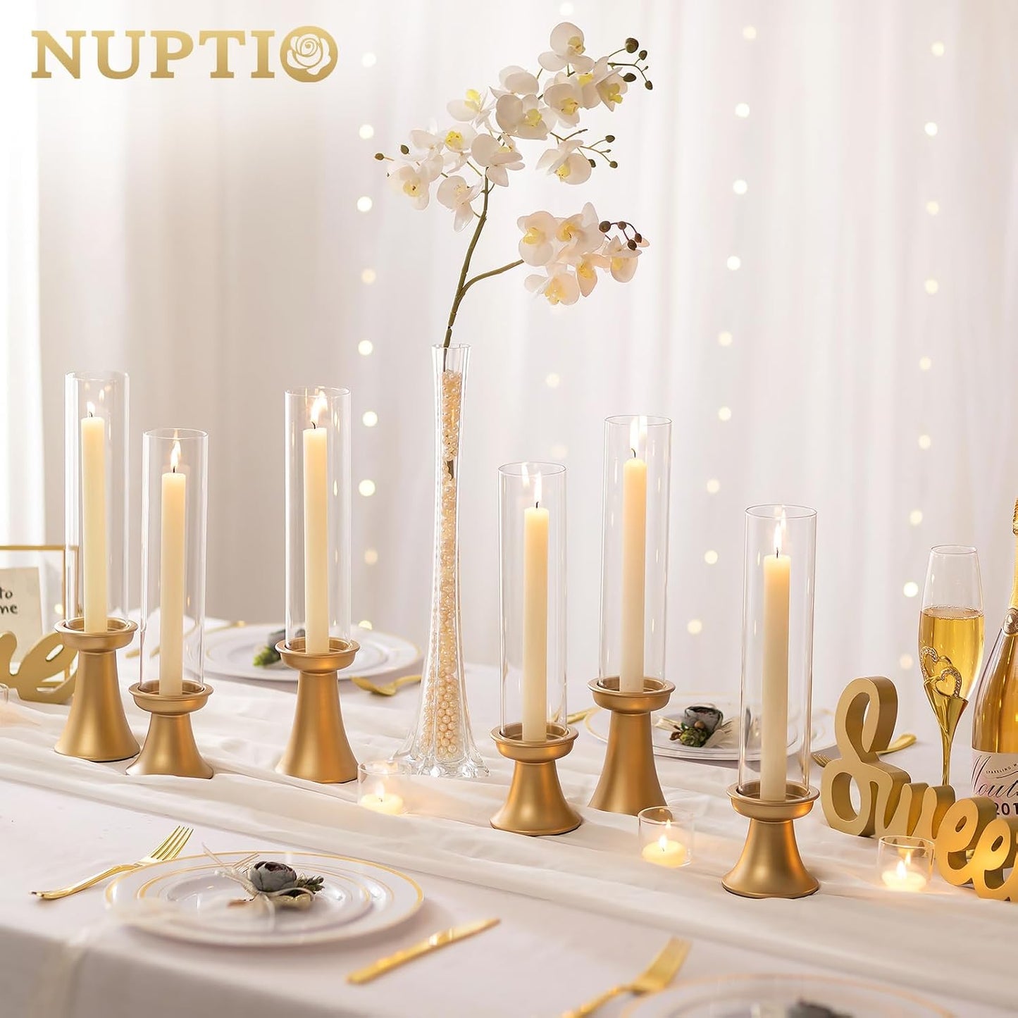 NUPTIO Gold Candlestick Holder for Centerpiece: Set of 6 Hurricane Taper Candle Holders with Glass Cylinder Sleeve